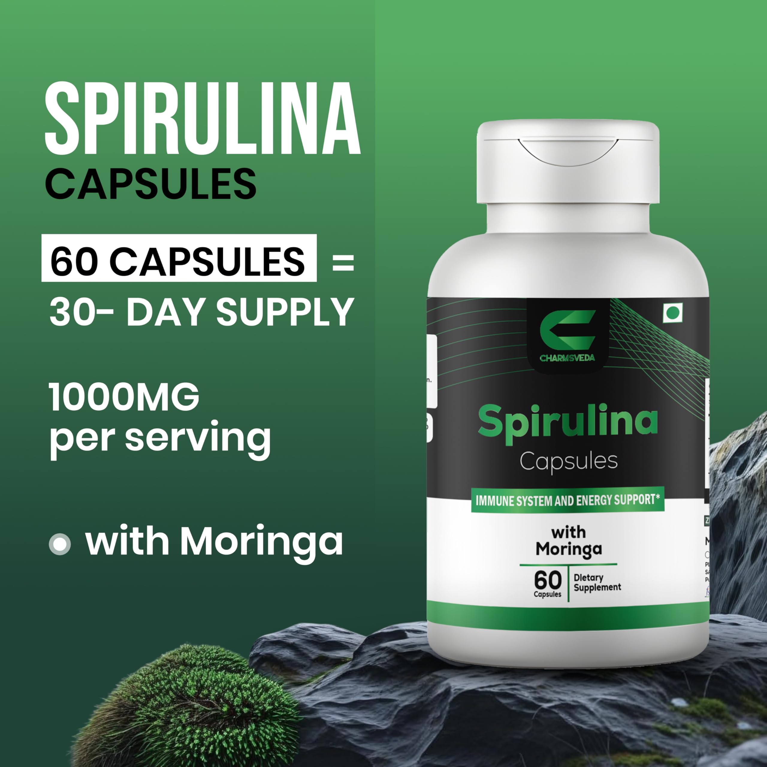 CHARMSVEDA Spirulina Capsules with Moringa – Herbal Immune Support* – 60 Vegan Capsules CHARMSVEDA Au supplements
