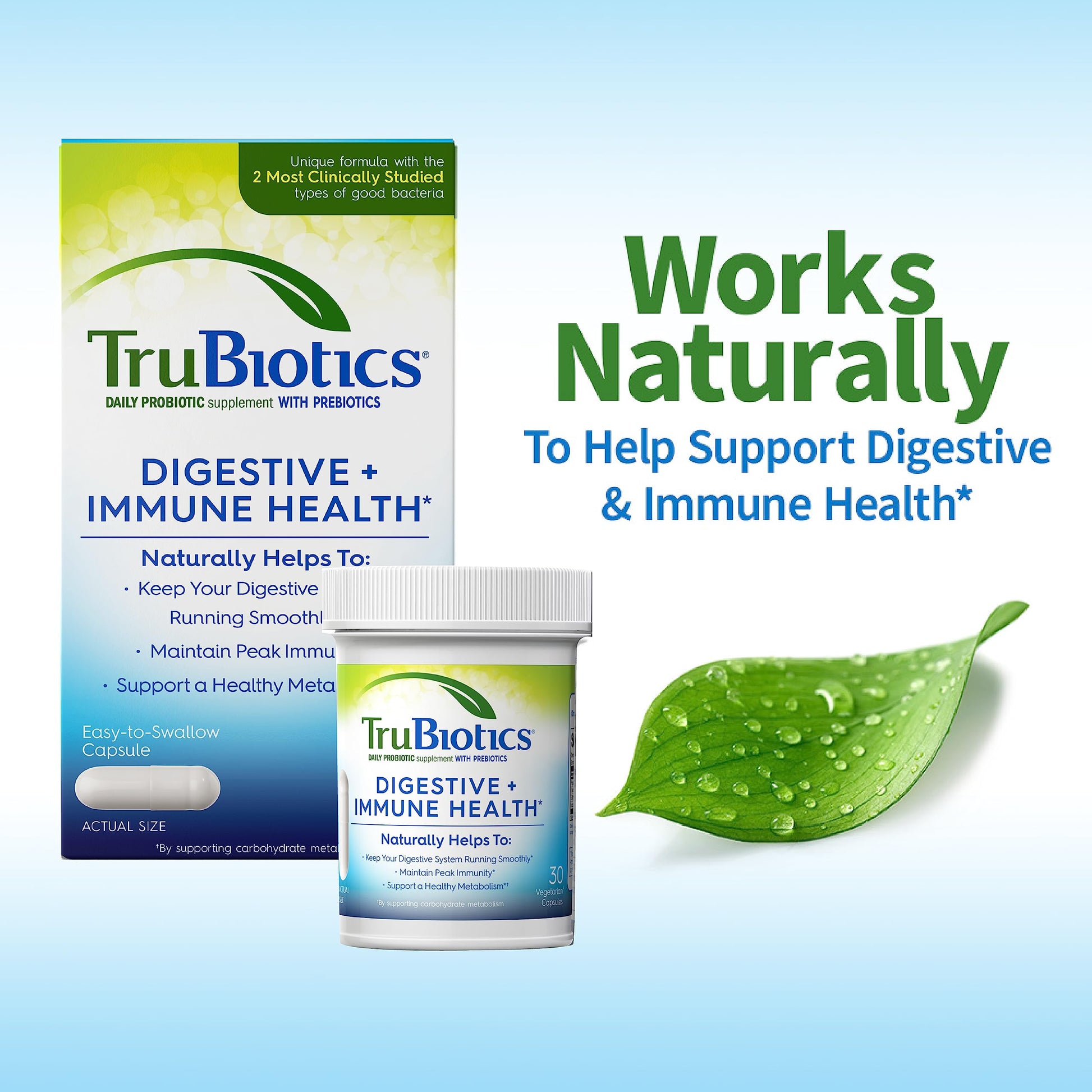 TruBiotics Probiotics for Digestive & Immune Health, Supports Regularity & Helps Relieve Abdominal Discomfort, Gas & Bloating, 2 Clinically Studied Probiotic Strains, Plus Prebiotics, 60 Capsules TruBiotics Au supplements