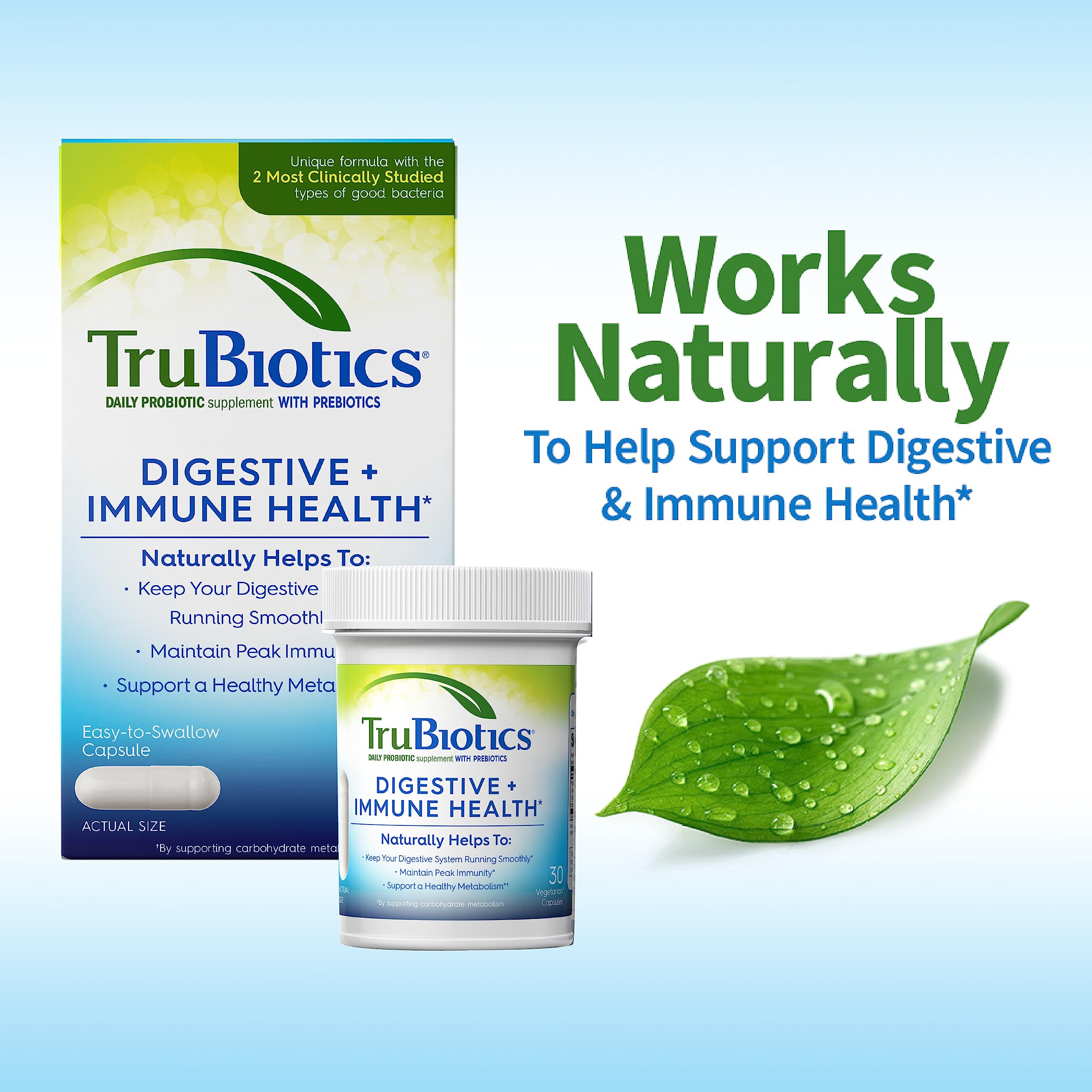 TruBiotics Probiotics for Digestive & Immune Health, Supports Regularity & Helps Relieve Abdominal Discomfort, Gas & Bloating, 2 Clinically Studied Probiotic Strains, Plus Prebiotics, 60 Capsules TruBiotics Au supplements