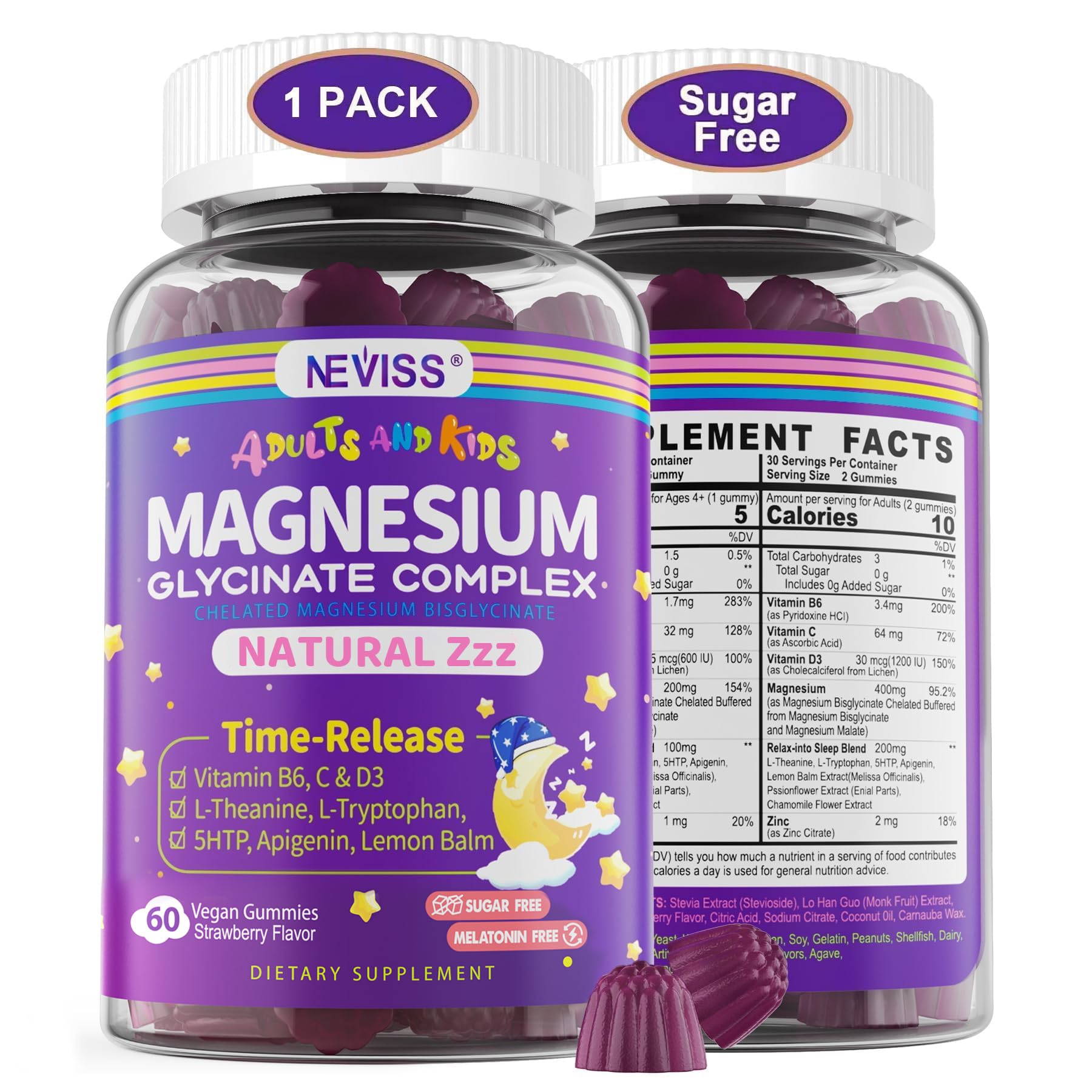 Magnesium Glycinate Gummies for Adults & Kids 4+, Sugar Free Magnesium Bisglycinate Supplement 400/200mg with B6D3, 5HTP, L-Theanine for Sleep & Relaxation, Brain, Muscle, Melatonin Free Gummies,1Pack NEVISS Au supplements