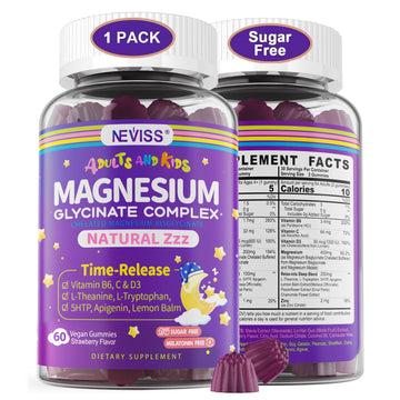 Magnesium Glycinate Gummies for Adults & Kids 4+, Sugar Free Magnesium Bisglycinate Supplement 400/200mg with B6D3, 5HTP, L-Theanine for Sleep & Relaxation, Brain, Muscle, Melatonin Free Gummies,1Pack NEVISS Au supplements