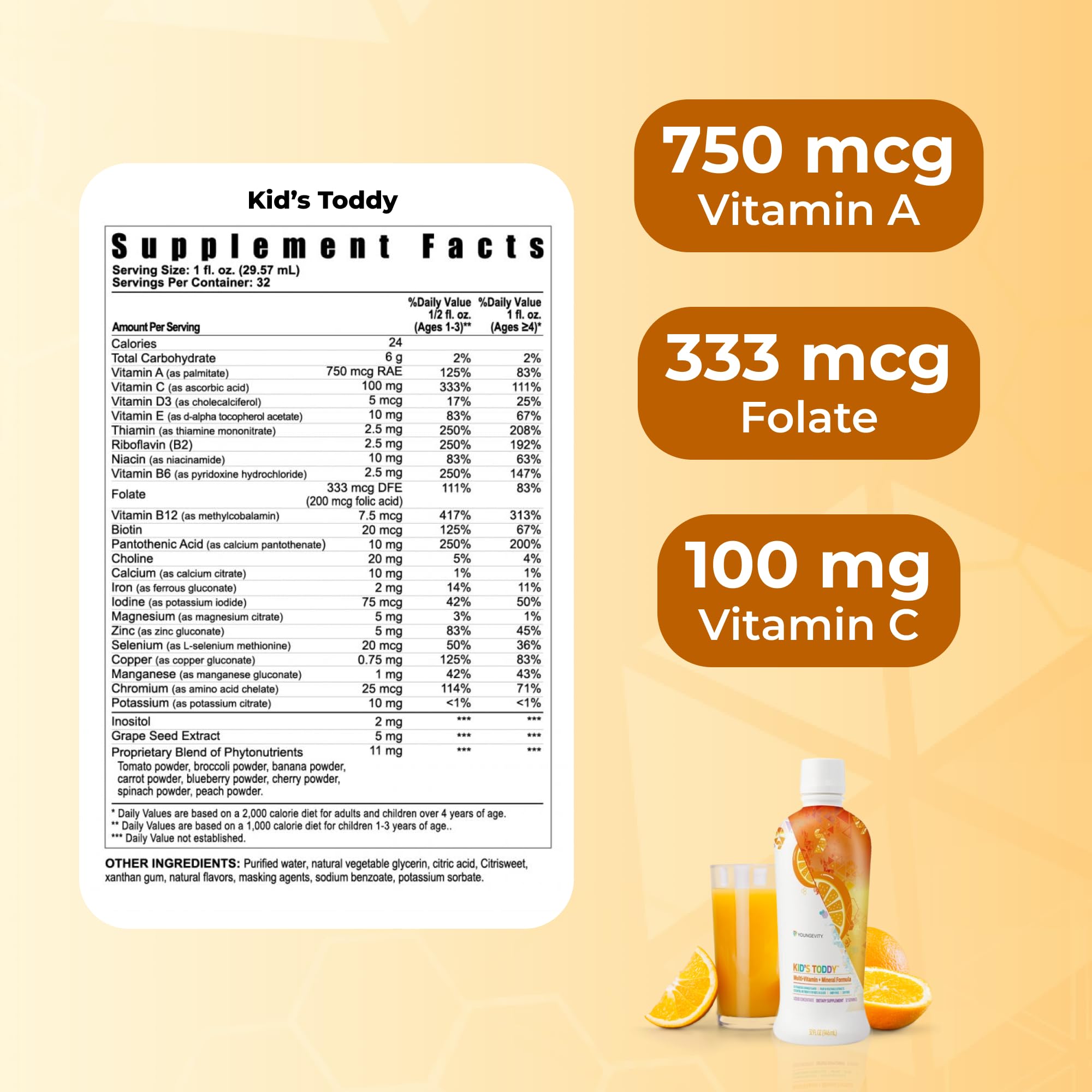 Youngevity Kid's Toddy™ - Mega Multivitamin for Kids & Children Age 2+ - 14 Vitamins, 10 Minerals, Phytonutrient Blend - Highly Absorbable - Great Tasting Orange 32 Fl Oz (Pack of 2) Youngevity Au supplements