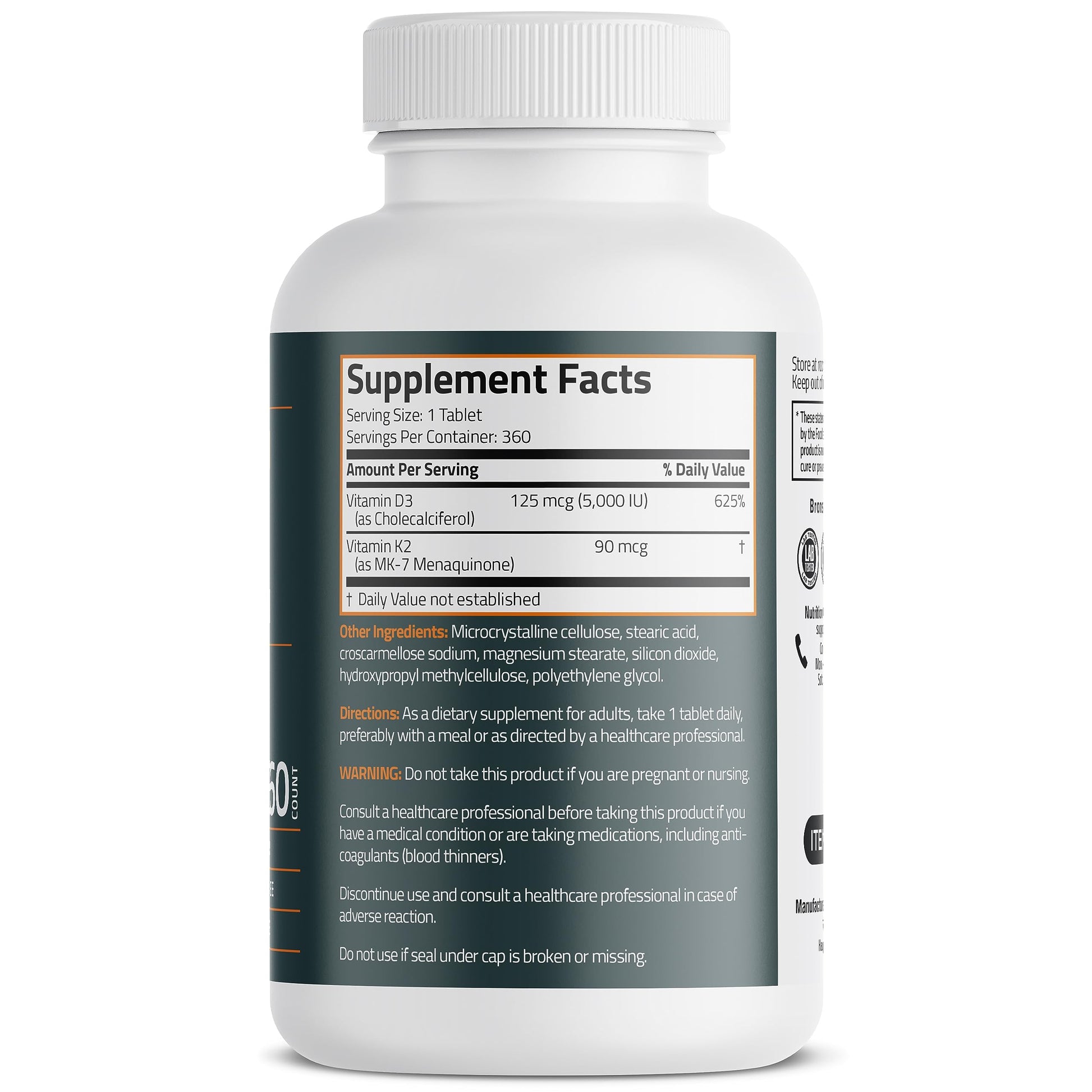 Bronson Basics Vitamin K2 D3 (MK7) Supplement Non-GMO Formula 5000IU (125 mcg) Bronson Au supplements