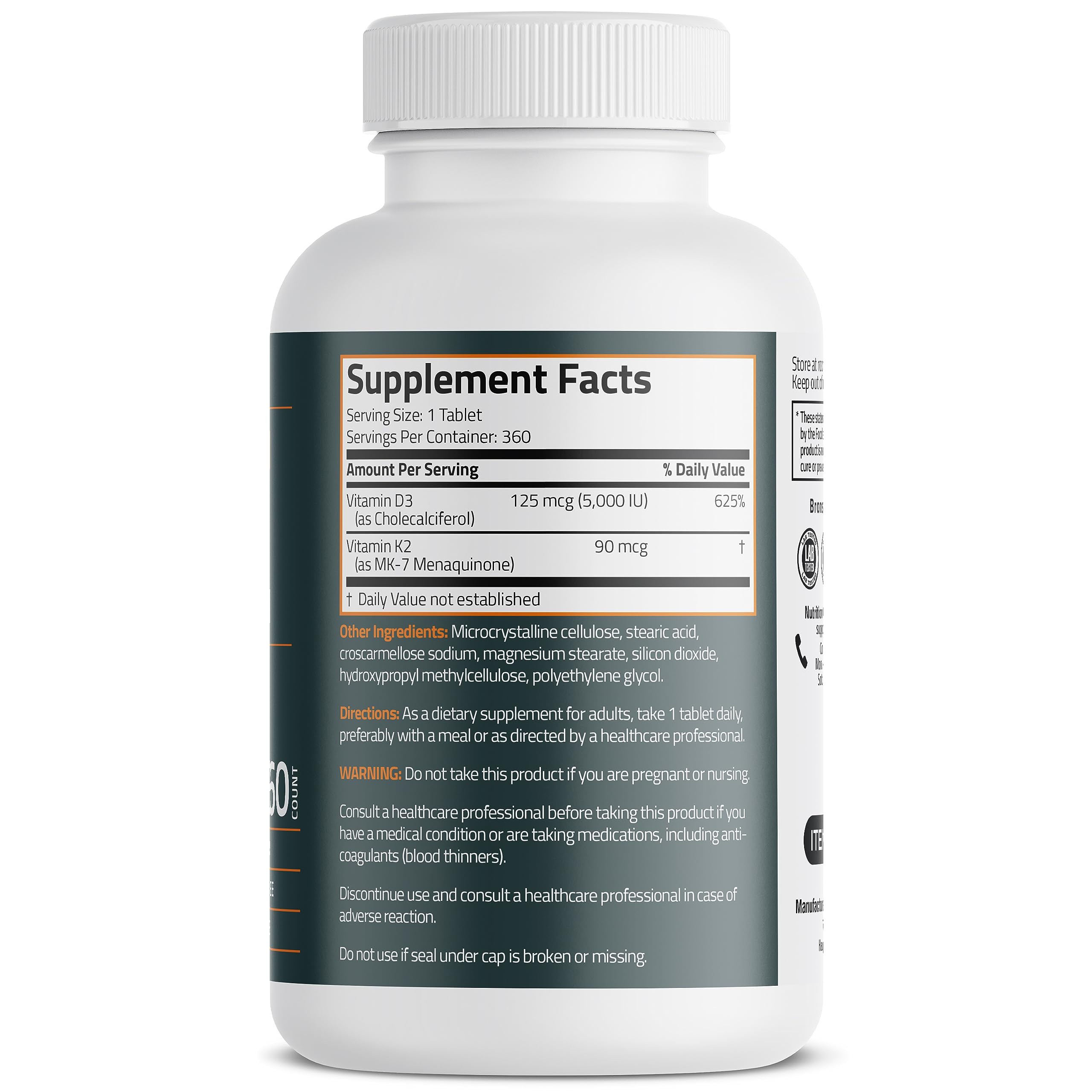 Bronson Basics Vitamin K2 D3 (MK7) Supplement Non-GMO Formula 5000IU (125 mcg) Bronson Au supplements