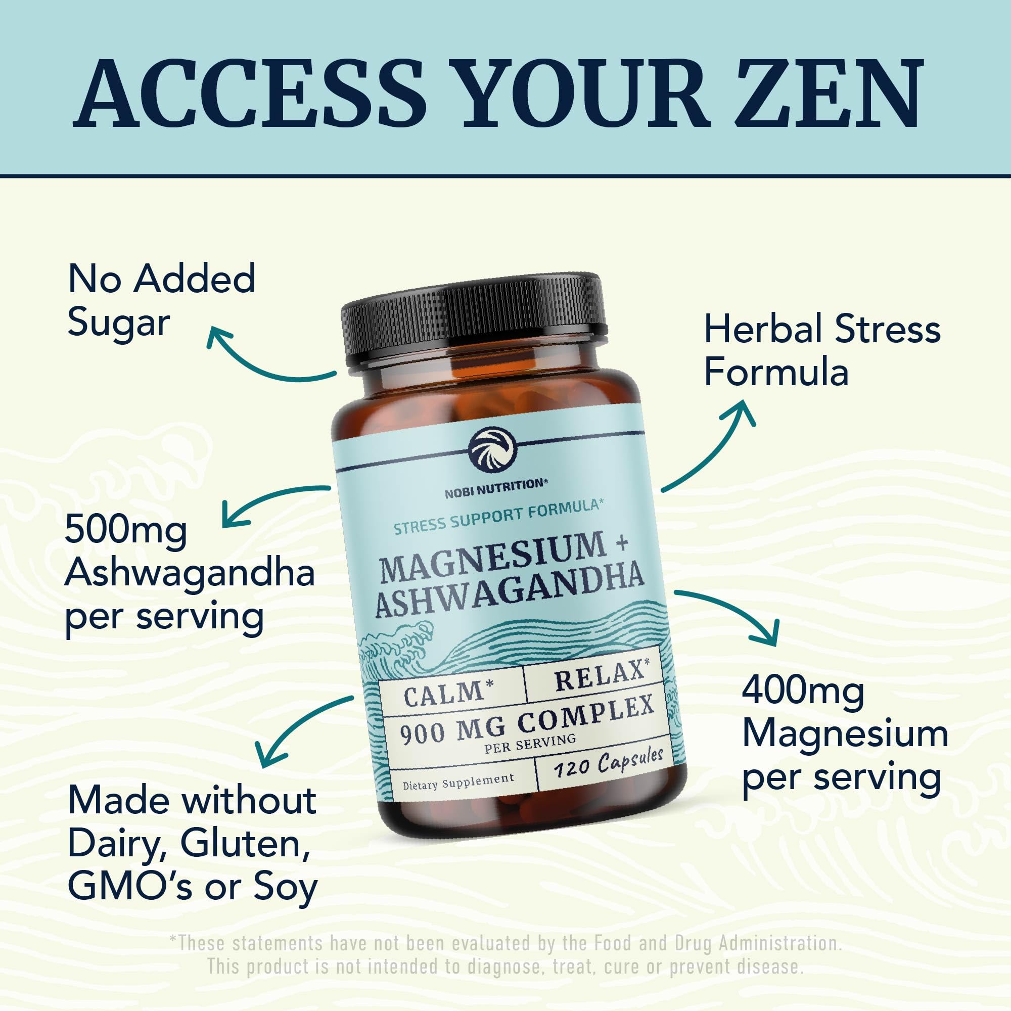 Magnesium Ashwagandha | Calming Magnesium Supplement for Adults | Relax, Rest, Calm Mood & Sleep Support | Mag Citrate & Oxide 400 mg + Ashwagandha 500 mg | Muscle Health & Stress Relief | 120 Ct Nobi Nutrition Au supplements