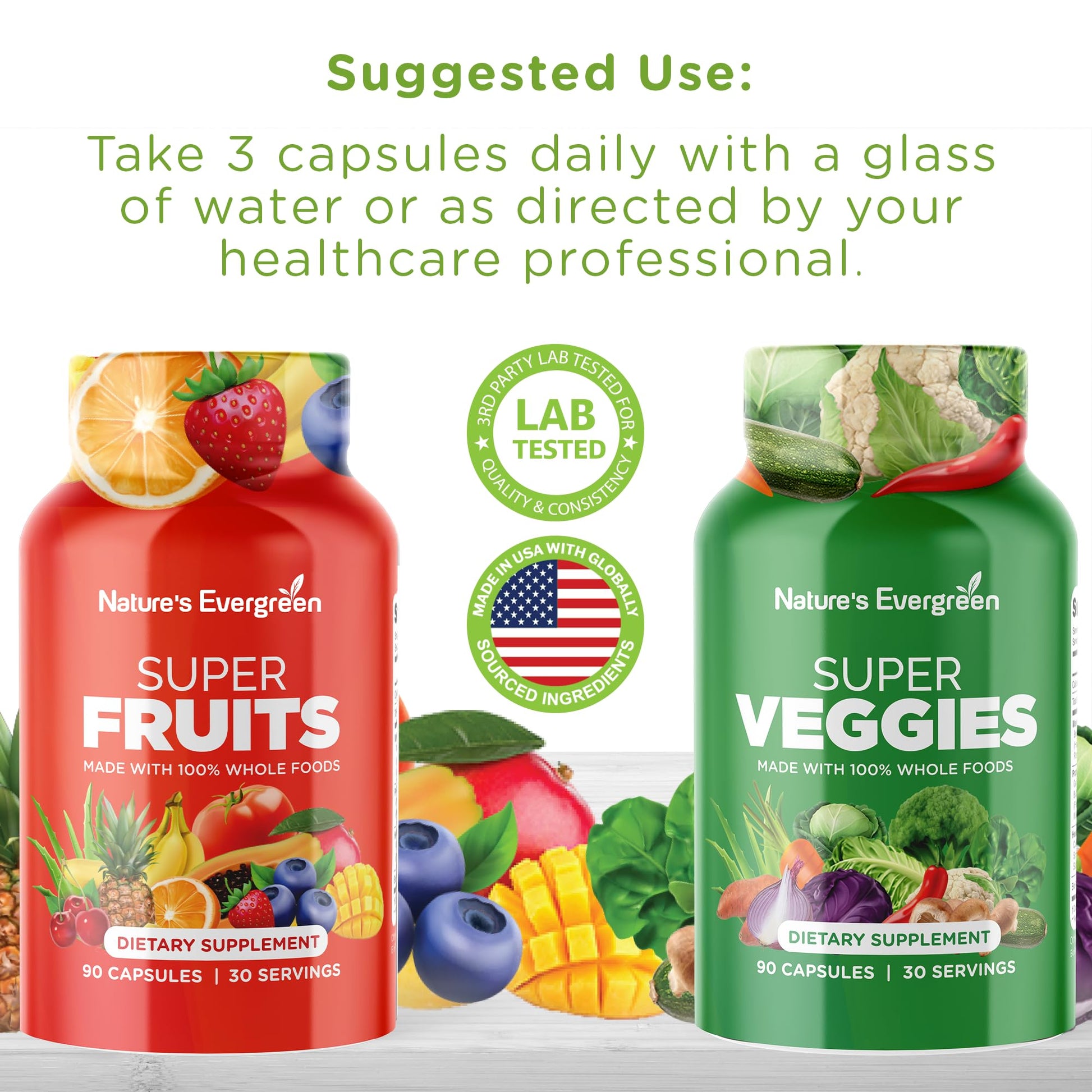 Fruits and Veggies Supplement - Nature Fruits and Vegetables Supplements - Vegan, Non GMO, Soy Free, Superfood Vitamins & Minerals Nutritional Balance - (Total 180 Capsules - Pack of 2) Made in USA Nature's Evergreen Au supplements