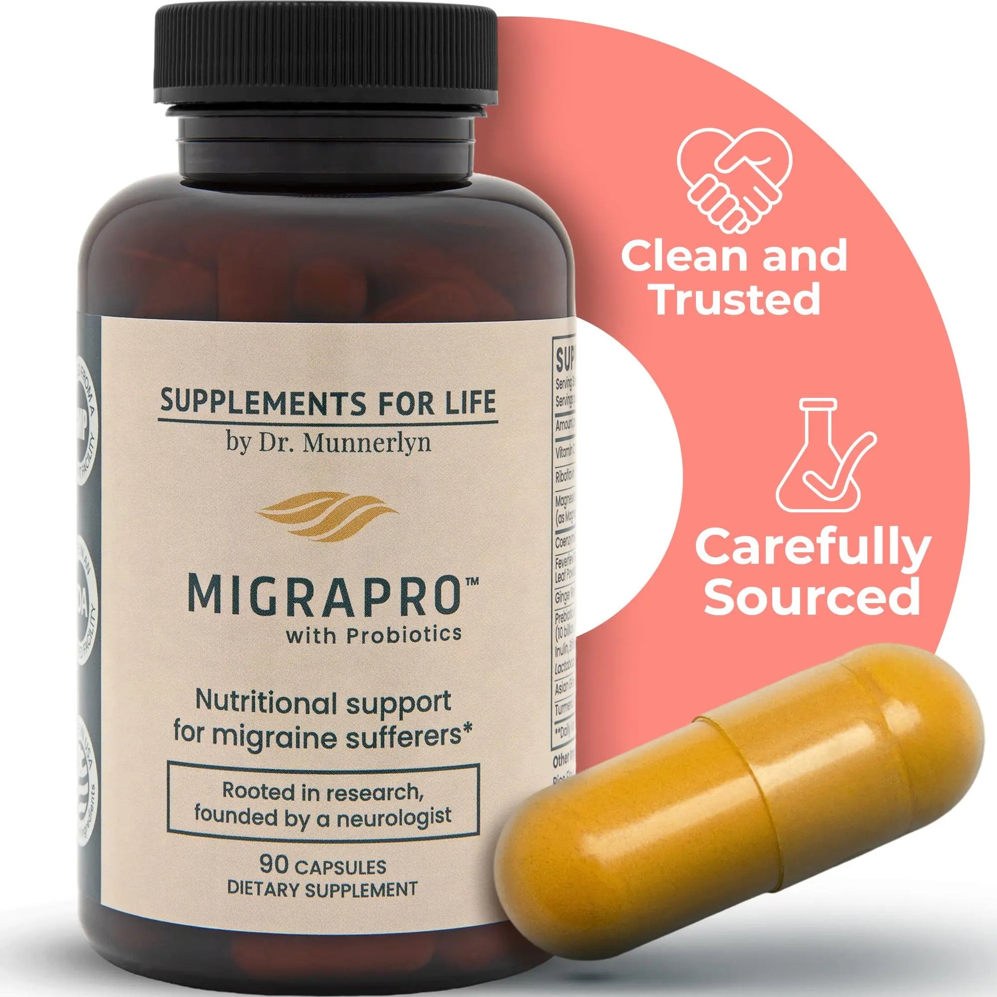 Dr. Munnerlyn MigraPro with Probiotics, Brain and Gut Health Support Supplement with Magnesium, Riboflavin, CoQ10, Ginger Root, Asian Ginseng, Vitamin C, Feverfew & Turmeric, Gluten Free, 90 Capsules Dr. Munnerlyn Au supplements