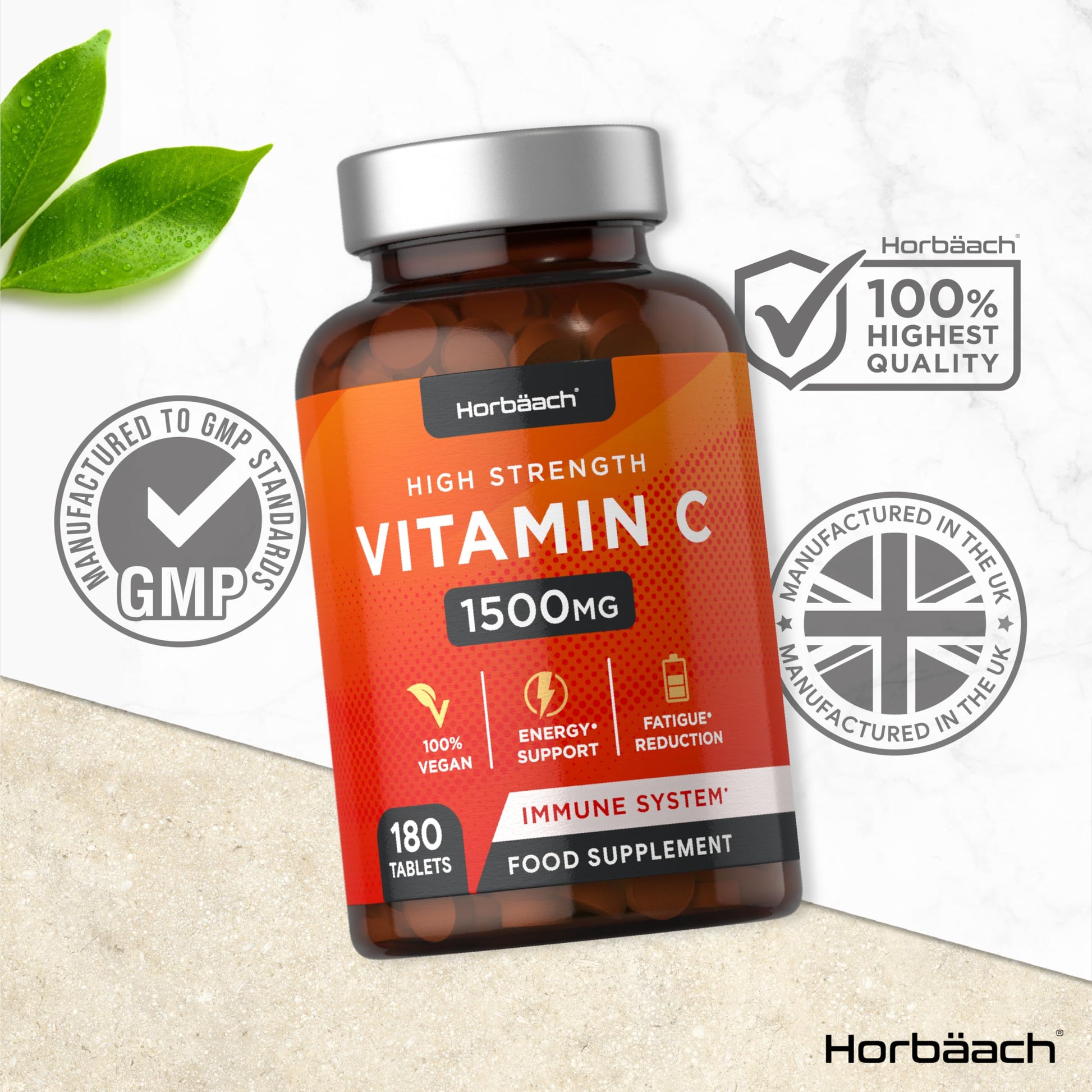 Vitamin C Tablets 1500mg | 180 Count | High Strength Vegan Supplement | No Artificial Horbäach Au supplements