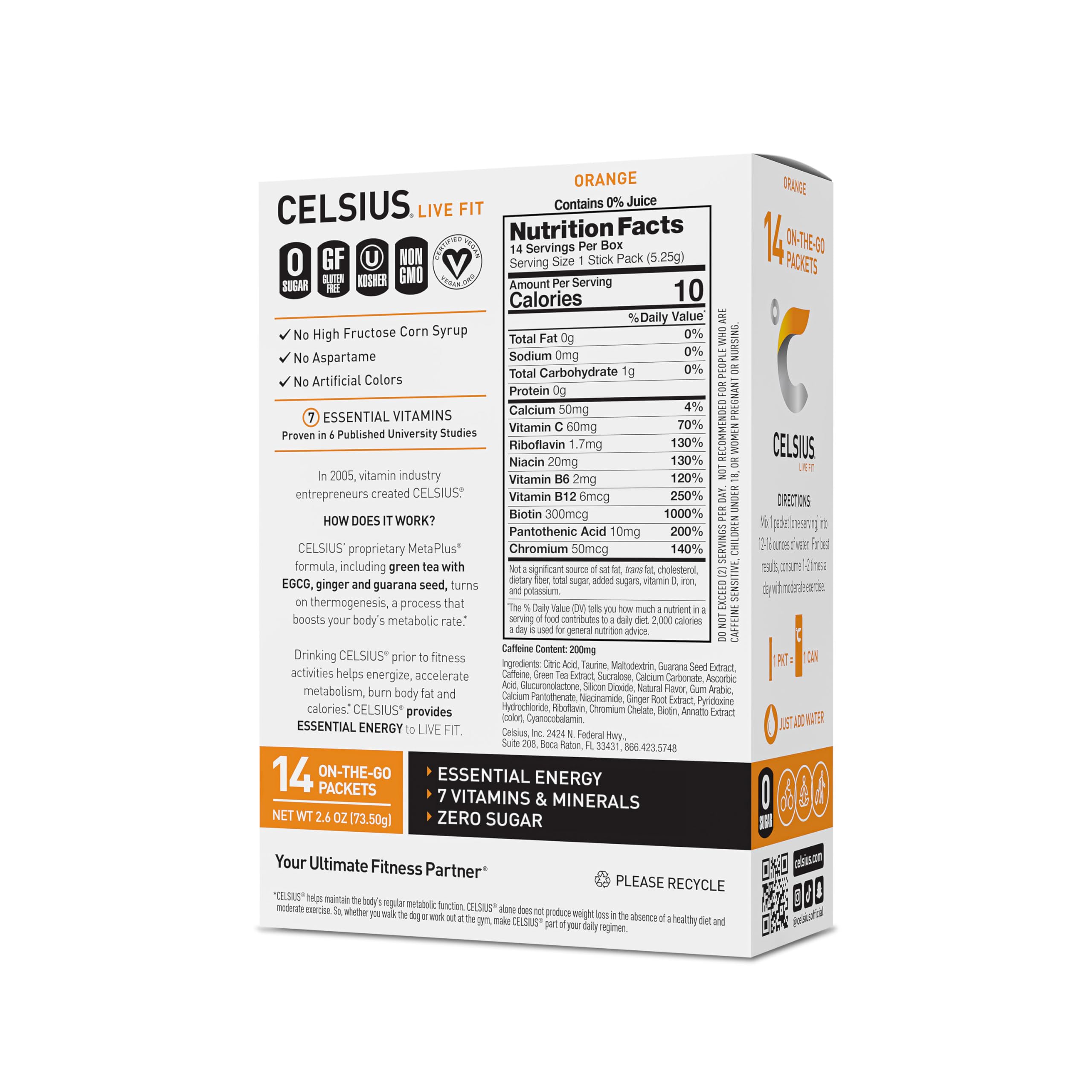 CELSIUS On-the-Go Powder Stick Zero Sugar, Orange, 2.6 Oz (14 Sticks per Pack) CELSIUS Au supplements