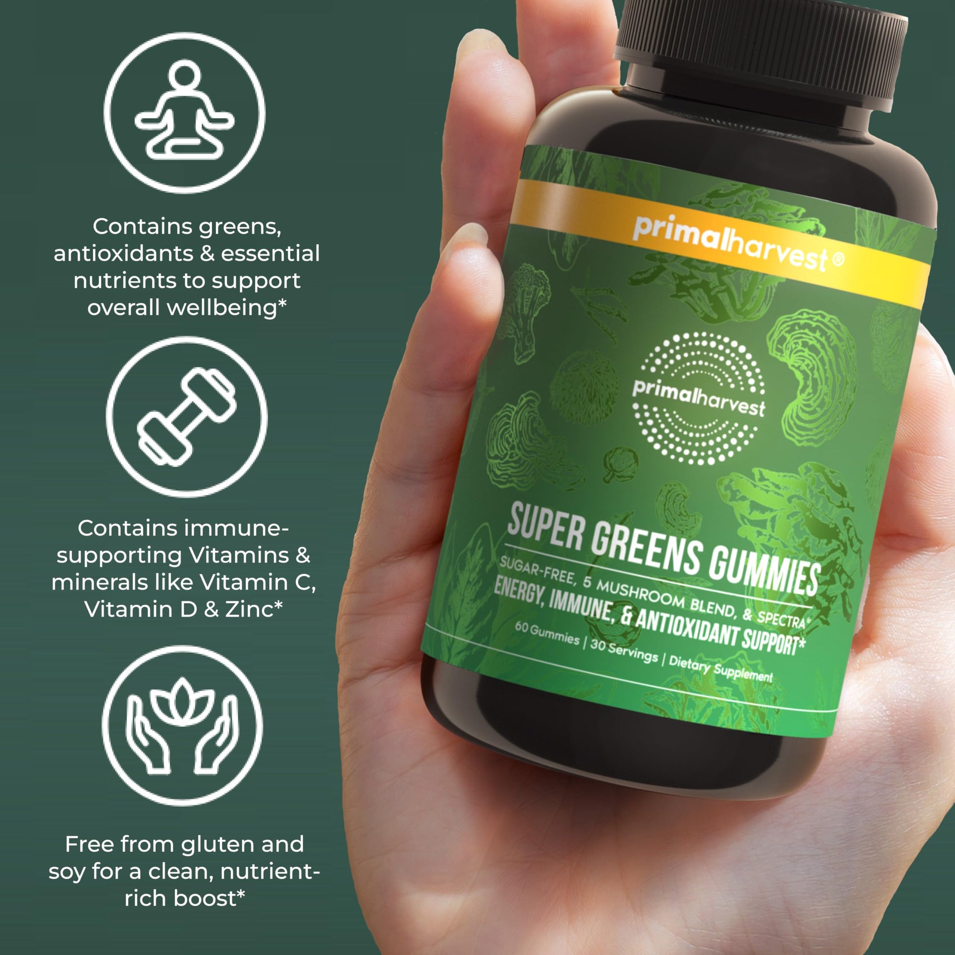 Primal Harvest Super Greens Gummies, Superfood Blend with Adaptogenic Mushrooms Vitamins & Nutrient-Rich Minerals & Antioxidants for Energy & Immune Support 1 Pack 60 Count, Primal Harvest Au supplements