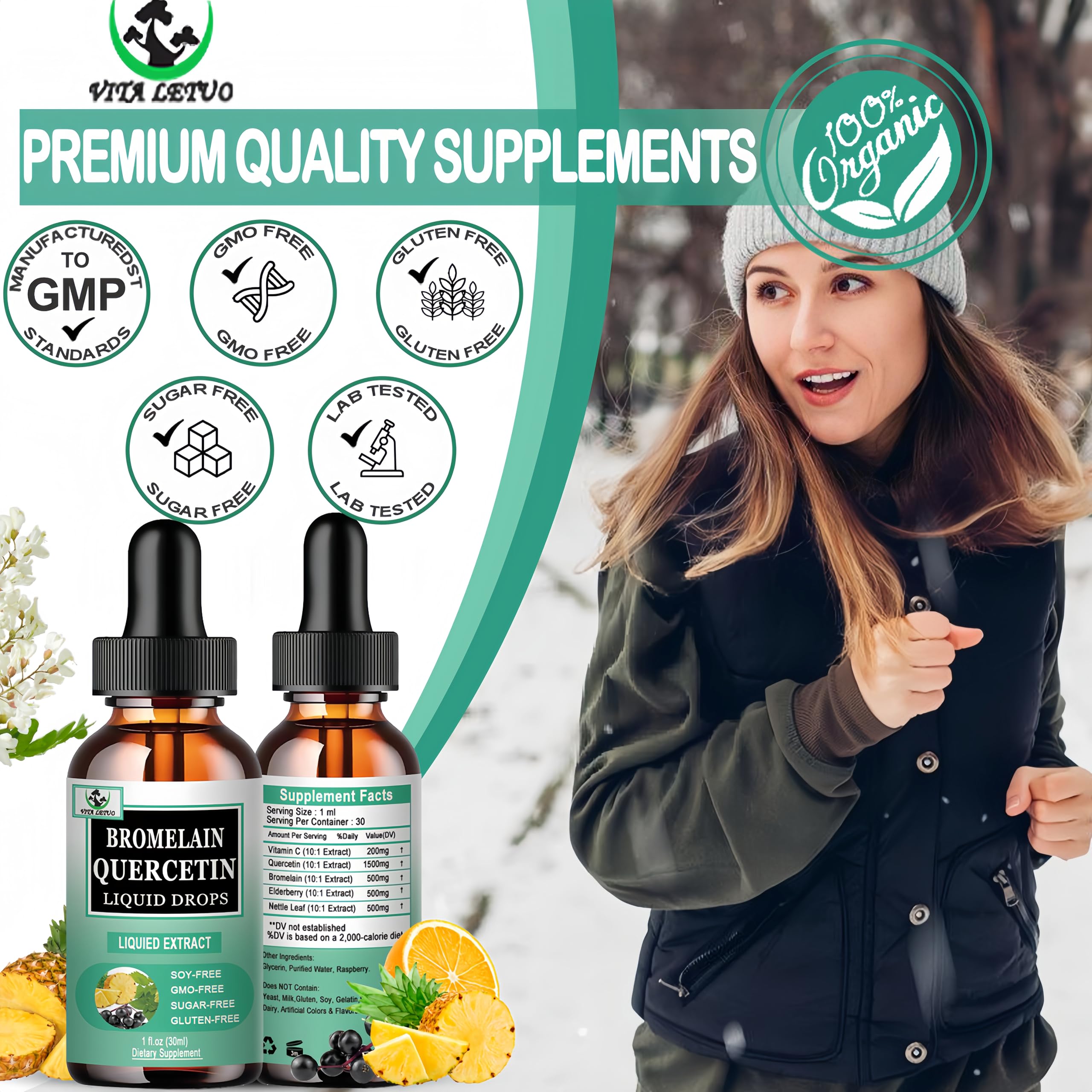 Quercetin Liquid Drops, Quercetin with Bromelain Elderberry Nettle Leaf Vitamin C Liquid Supplements, High Absorption Quercetin Liquid Drops for Women Men, Healthy Immune Antioxidant Support, Non-GMO Vita letuo Au supplements