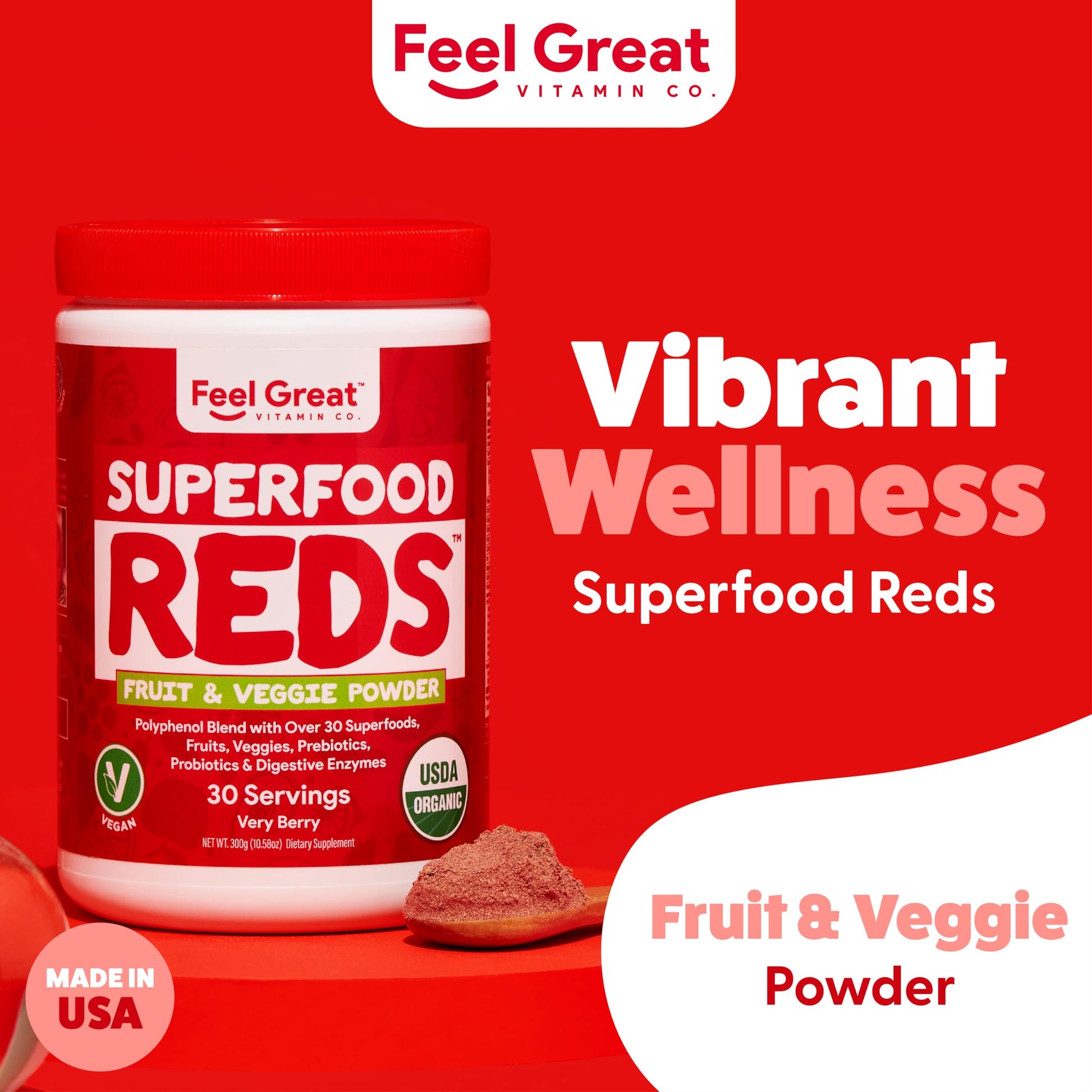 Feel Great Organic Superfood Reds Powder Packed with Beet Root Powder | Digestive Support Including Bloating Relief | Fruit and Veggie Polyphenols Supplement. The Feel Great Vitamin Company Au supplements