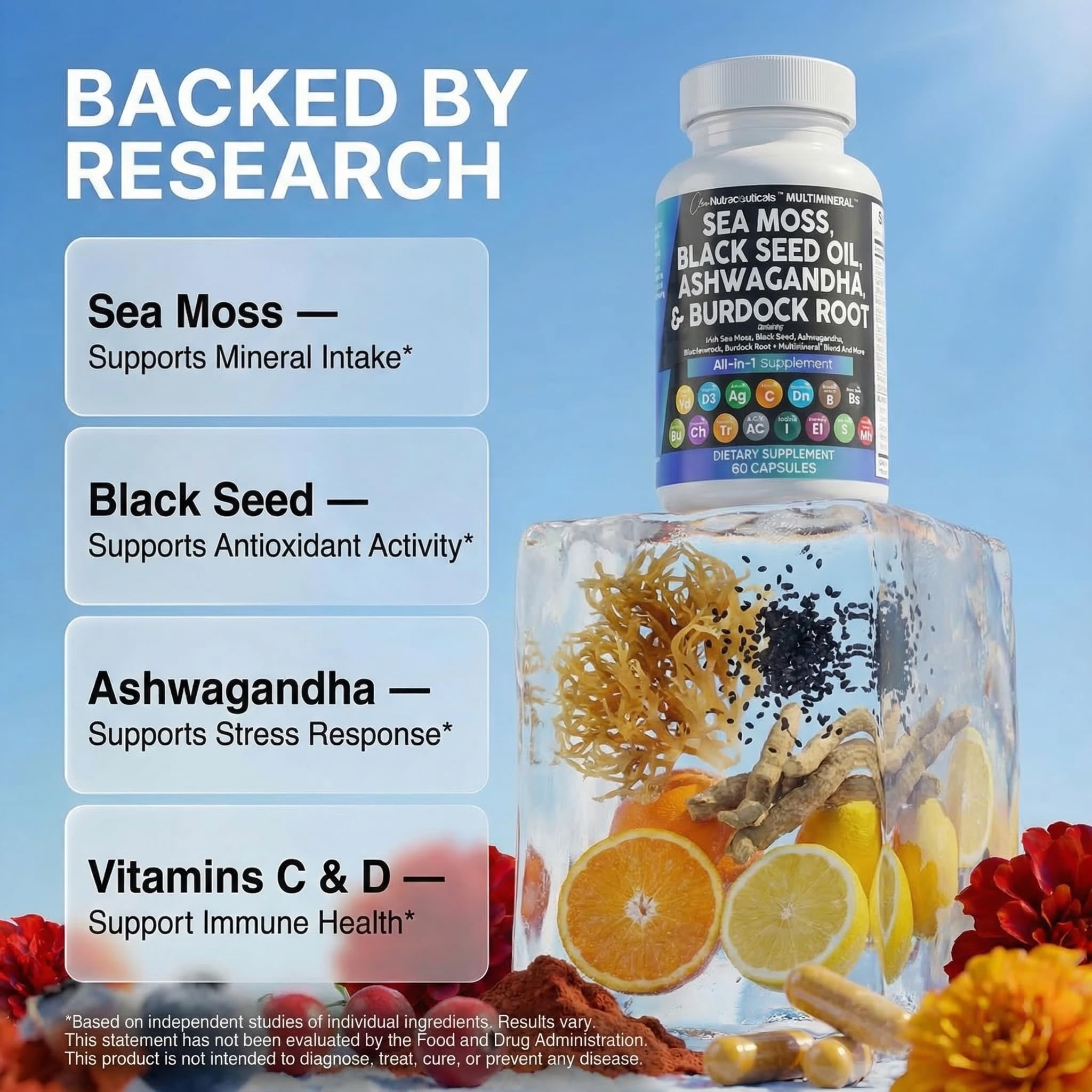 Clean Nutraceuticals Sea Moss Black Seed Oil Ashwagandha Turmeric Bladderwrack Burdock & Vitamin C Vitamin D3 with Elderberry Manuka Dandelion Yellow Dock Iodine Chlorophyll ACV Clean Nutraceuticals Au supplements