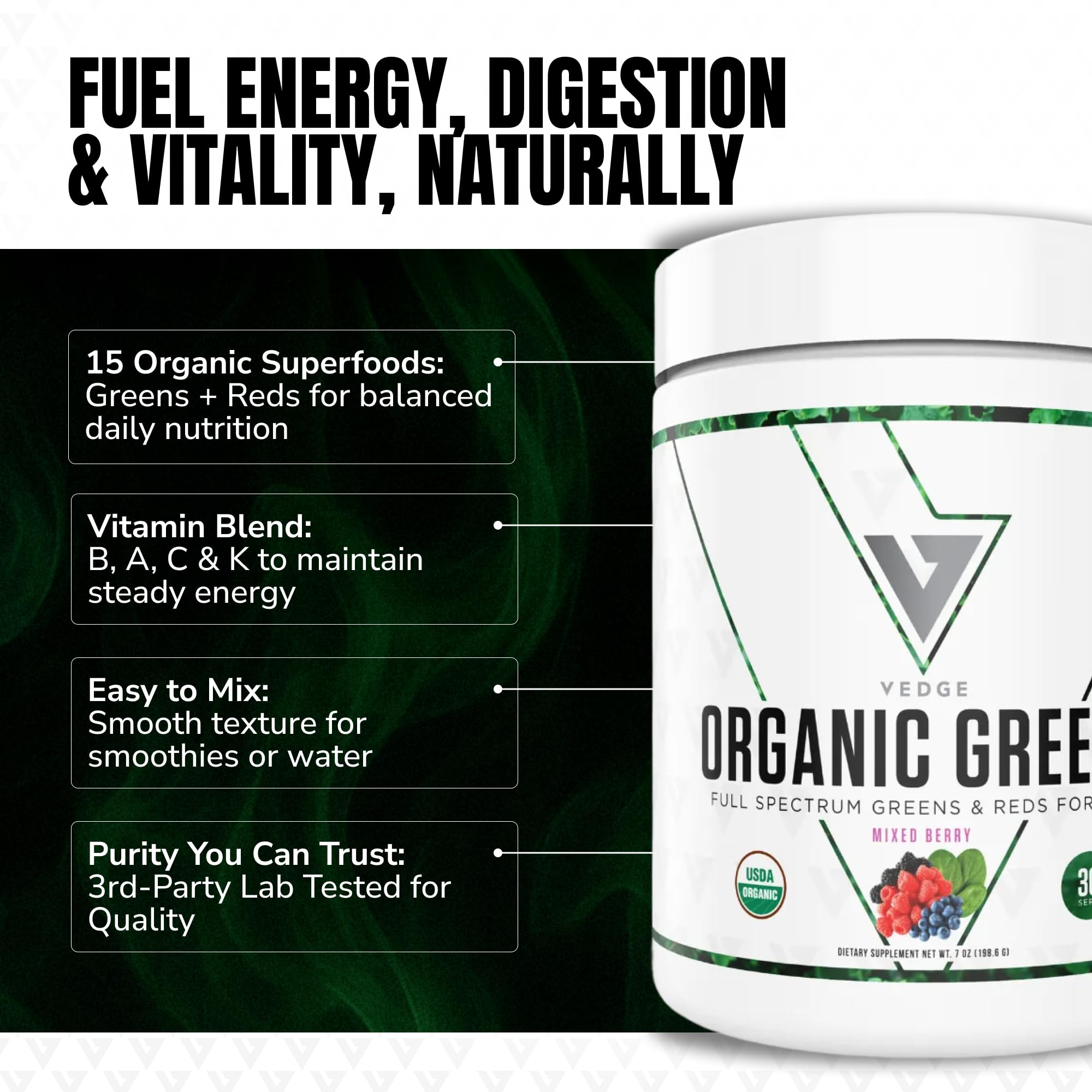 VEDGE Nutrition Organic Greens - Vegan Plant-Based Greens Superfood Powder - Drink Mix for Energy, Antioxidants & Recovery - Full Spectrum Greens for Athletes - 30 Servings - Mixed Berry Flavor VEDGE Au supplements
