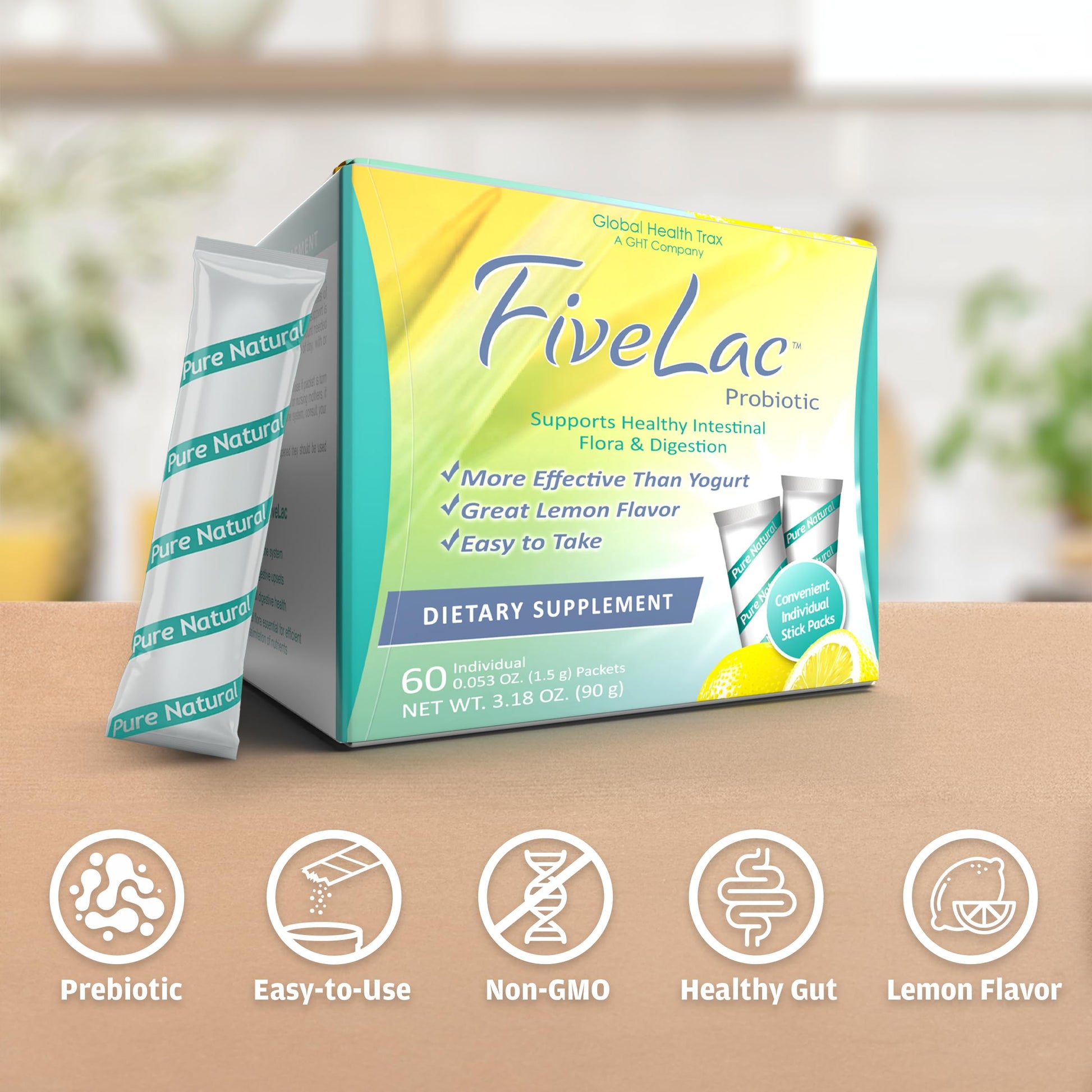 Global Health Trax GHT - FiveLac Lemon Probiotic Powder Drink Mix, Probiotics for Women, Men & Kids - Smooth Digestive Support & Elimination - Relieves Constipation & Gas - 60 Packets (2 Pack) Non-GMO ght Global Health Trax Au supplements