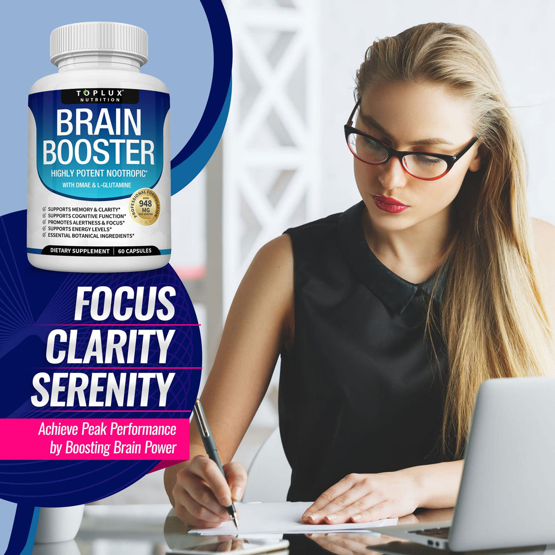 Toplux Brain Supplement Nootropic – Brain Pills Vitamin with DMAE, Bacopa Monnieri, L-Gutamine, for Men Women, 60 Capsules, Nutrition Toplux Au supplements