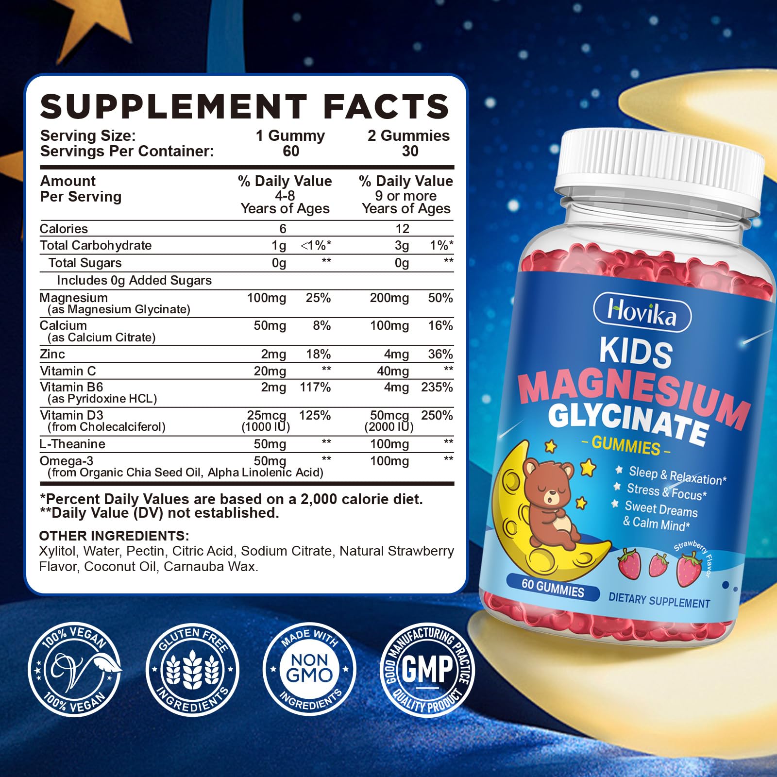 Magnesium Glycinate Gummies for Kids - with L-Theanine, Omega-3, Vitamin B6, D3, Zinc - Kids Magnesium Gummies for Sleep, Relaxation, Calm & Focus - Sugar Free Strawberry 60ct Hovika Au supplements