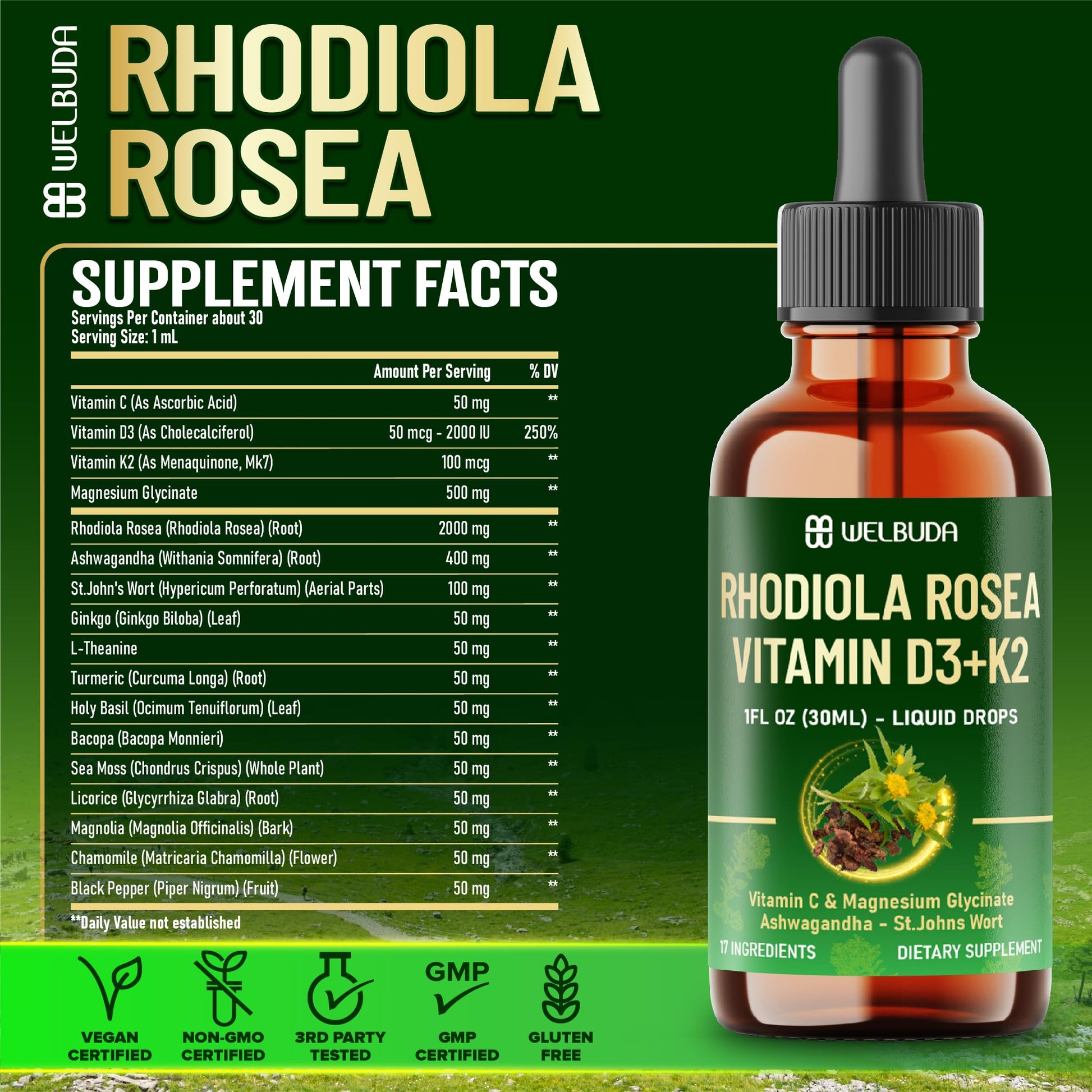 17in1 Rhodiola Rosea Liquid Supplement with Ashwagandha, Magnesium Glycine, L-Theanine, Vitamin C, Vitamin D3, Vitamin K2, Ginkgo, Turmeric, Holy Basil and More - 1 FL Oz - 60 Day Supply WELBUDA Au supplements
