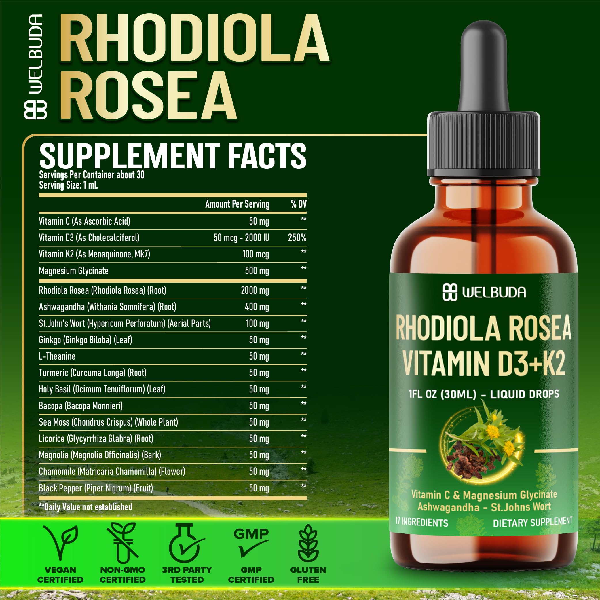 17in1 Rhodiola Rosea Liquid Supplement with Ashwagandha, Magnesium Glycine, L-Theanine, Vitamin C, Vitamin D3, Vitamin K2, Ginkgo, Turmeric, Holy Basil and More - 1 FL Oz - 60 Day Supply WELBUDA Au supplements