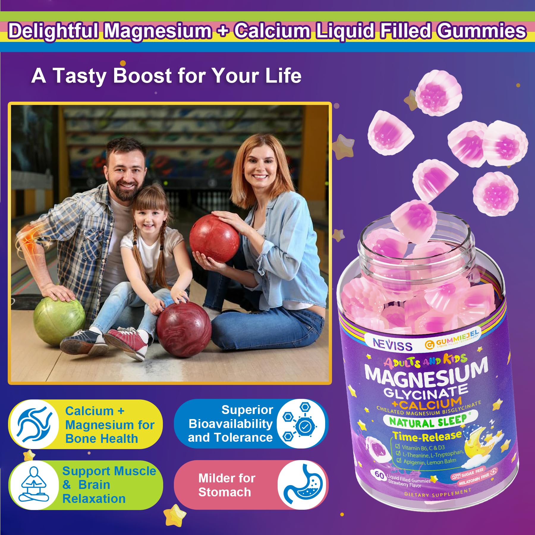 Neviss Magnesium Glycinate + Calcium Filled Gummies for Adults and Kids 4+, Kids Sleep Gummies Melatonin Free, Sugar Free Magnesium Supplement with B6 D3, L-Theanine for Zzz & Relax, Brain,Bone,Muscle NEVISS Au supplements