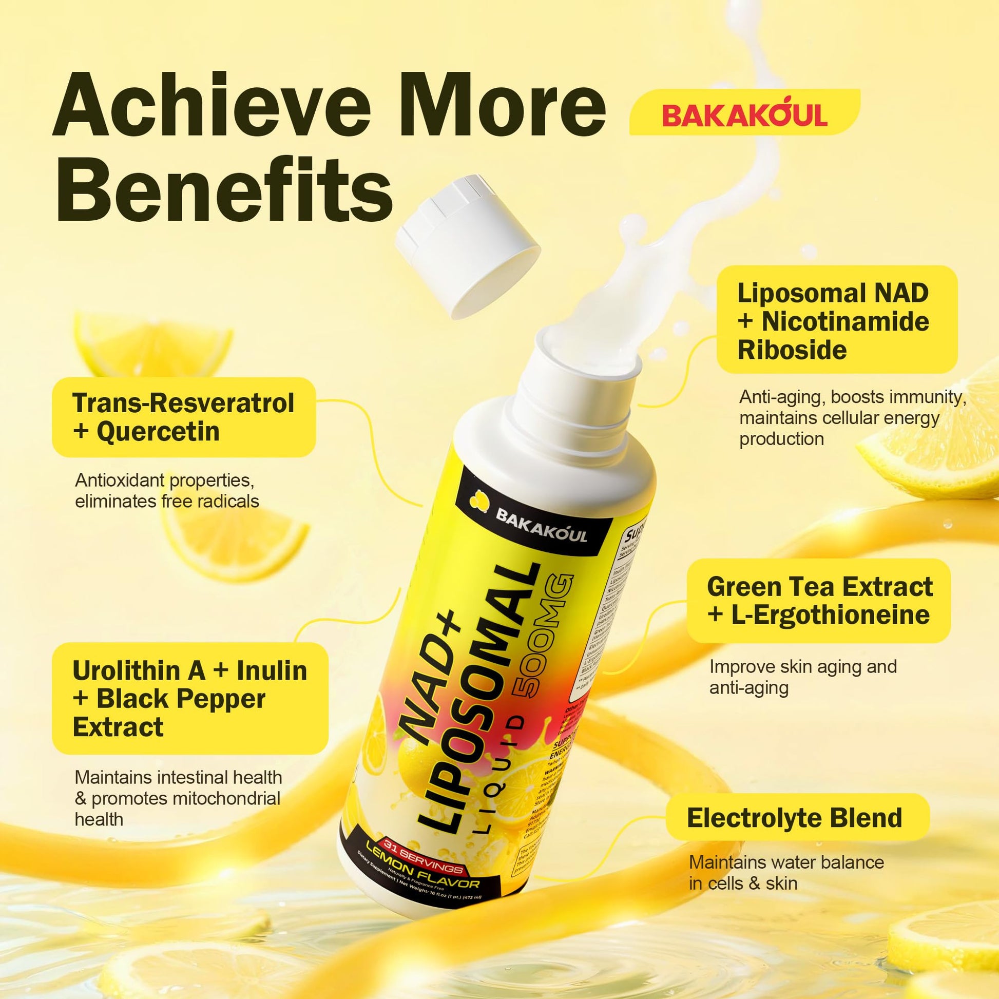 Liposomal NAD+ Liquid Supplement - Designed to Help Support Absorption - Nhanced Cellular Uptake, Helps Support Normal Cellular Health, Supports Cellular Energy Metabolism and Vitality - Lemon Flavor BAKAKOUL Au supplements