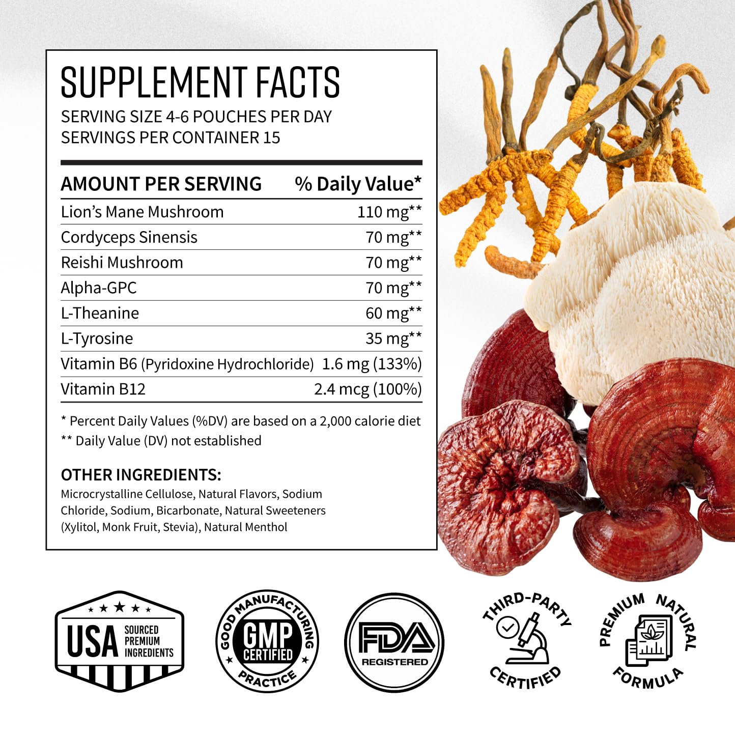 Adaptogen Mushroom Nootropic Pouches (4 Pack Bundle) - 250mg Mushroom Blend + 165mg Energy Blend, Nicotine Free & Caffeine Free, Ultra Pouch with Lion's Mane, Cordyceps, Reishi, Alpha-GPC, L-Theanine GGGJ Au supplements