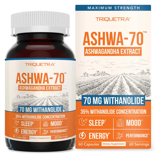 Ashwa-70®: Ashwagandha Extract - 35% Withanolides | Max Strength, Highest Withanolide Concentration - Mood & Performance - Enhanced Absorption with BioPerine® Black Pepper (60 Capsules) Triquetra HealthAU supplements