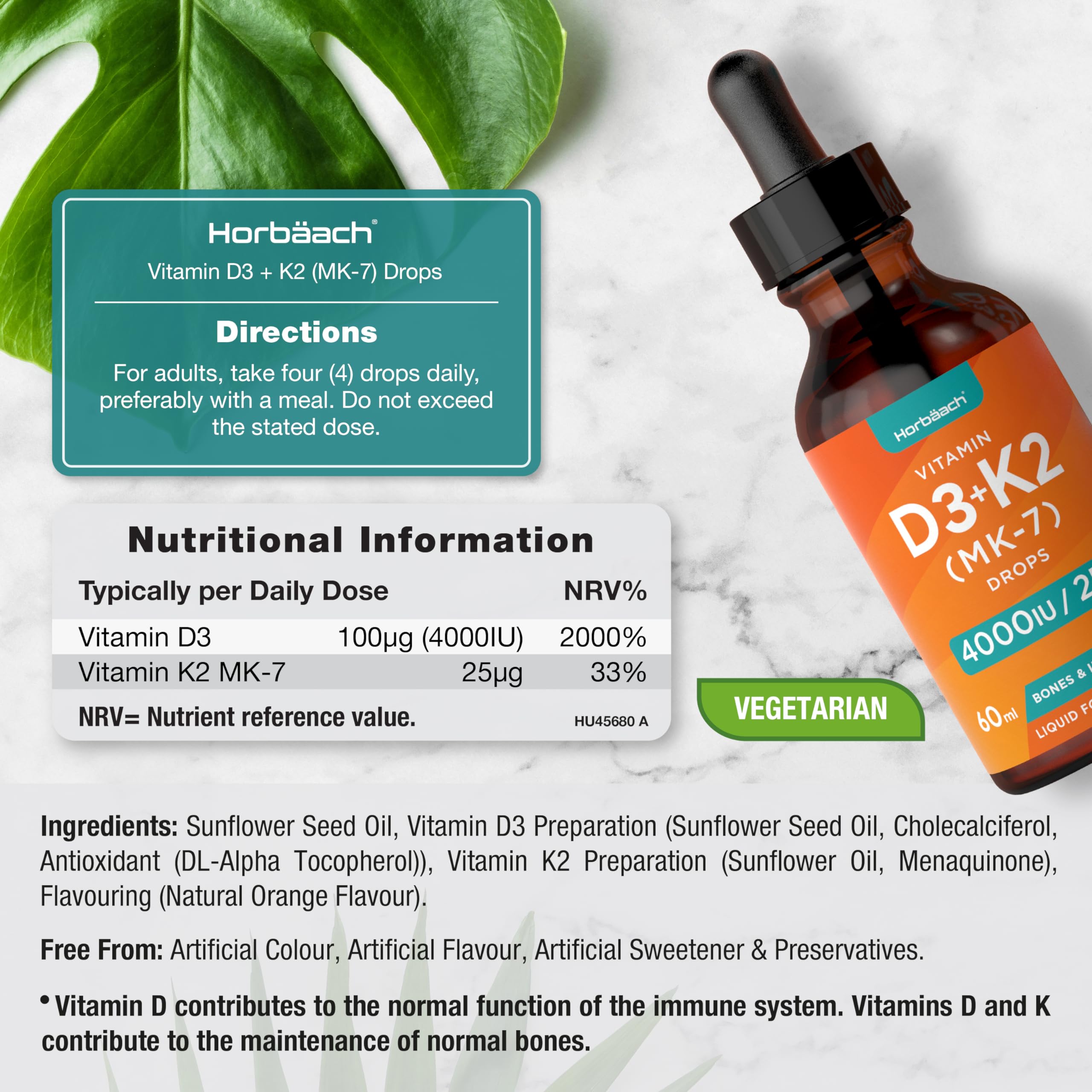 Vitamin D3 K2 Drops | 60mL | High Strength Vitamin D3 4000iu and K2 25ug | No Artificial Horbäach Au supplements