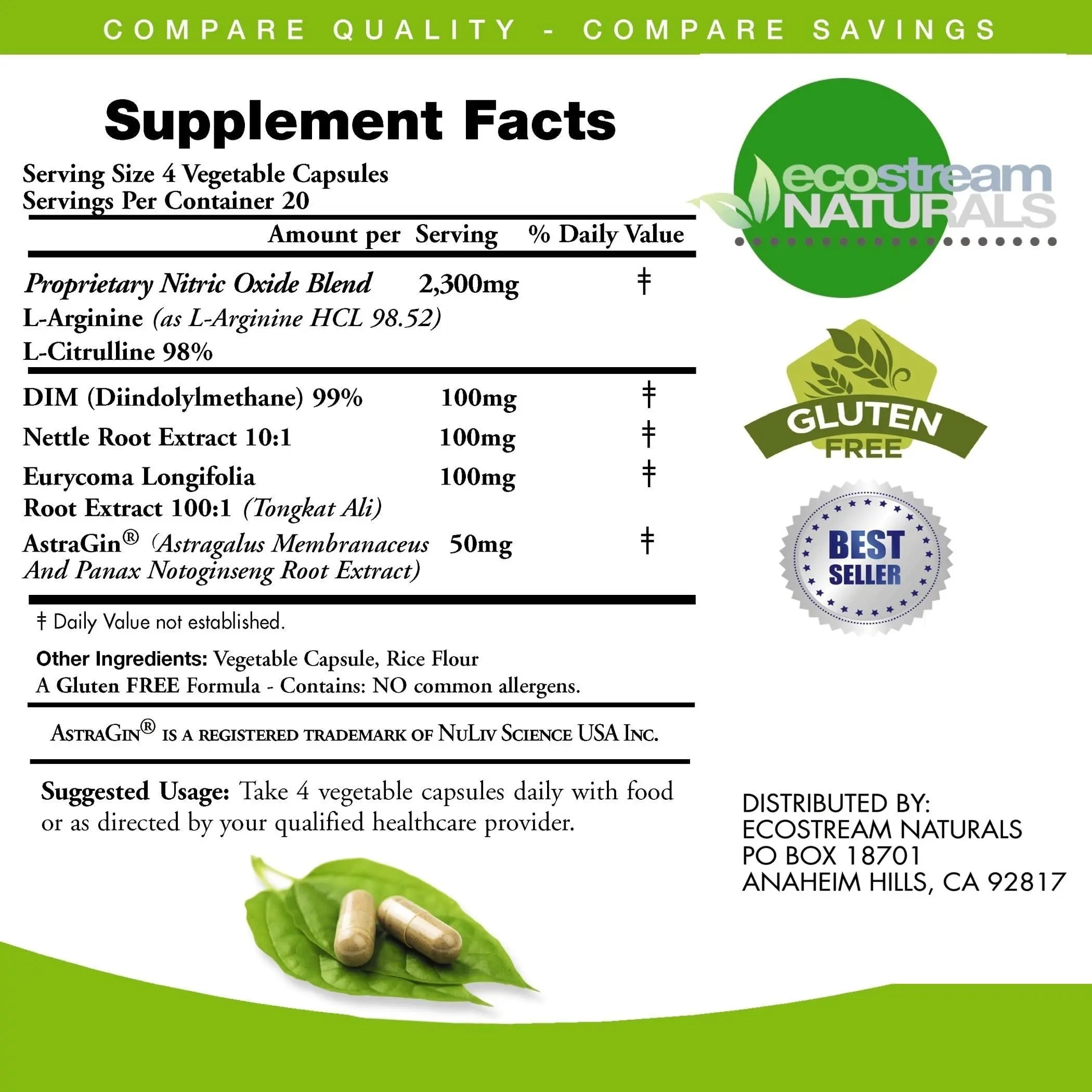 ecostream Naturals MAX 2650mg Nitric Oxide Booster L-Arginine - L-Citruline and Astragin - Time Release 2650 MAX Formula ecostream Naturals Au supplements