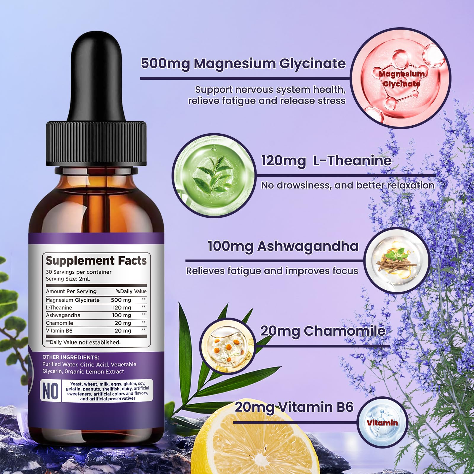 Magnesium Glycinate Supplement, Magnesium Liquid Drops with Magnesium Glycinate 500mg Vitamin B6, Ashwagandha, L - Theanine, Chamomile -Support Stress Relief, Bone, Muscle, Mood Vegan dilib Au supplements