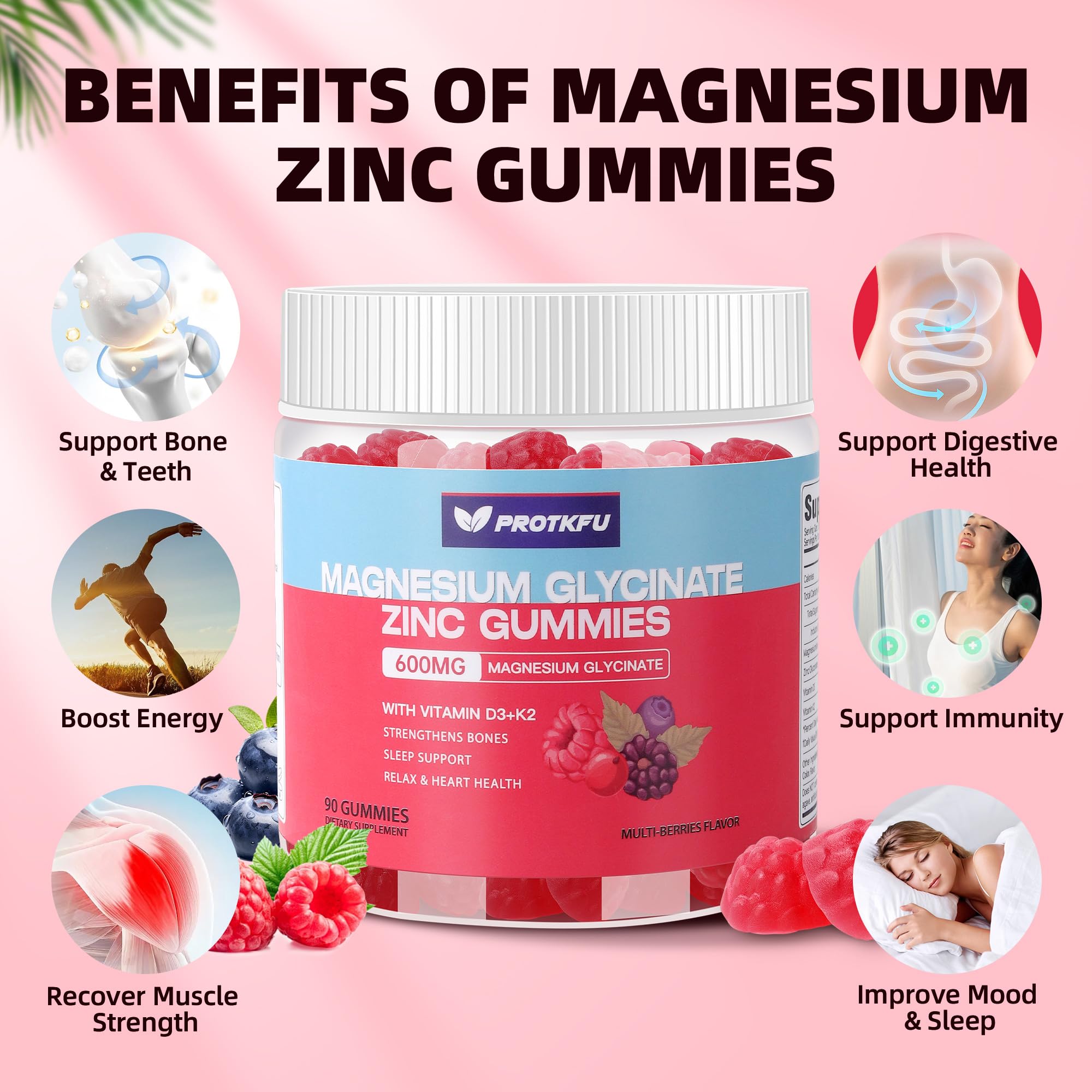 90 CT Magnesium Glycinate Gummies 600mg, Sugar Free Magnesium Gummies w/Zinc & Vitamin D3 & K2 - Magnesium Supplements for Sleep, Supports Bone Health, Nerve & Immune Function ProTKFU Au supplements