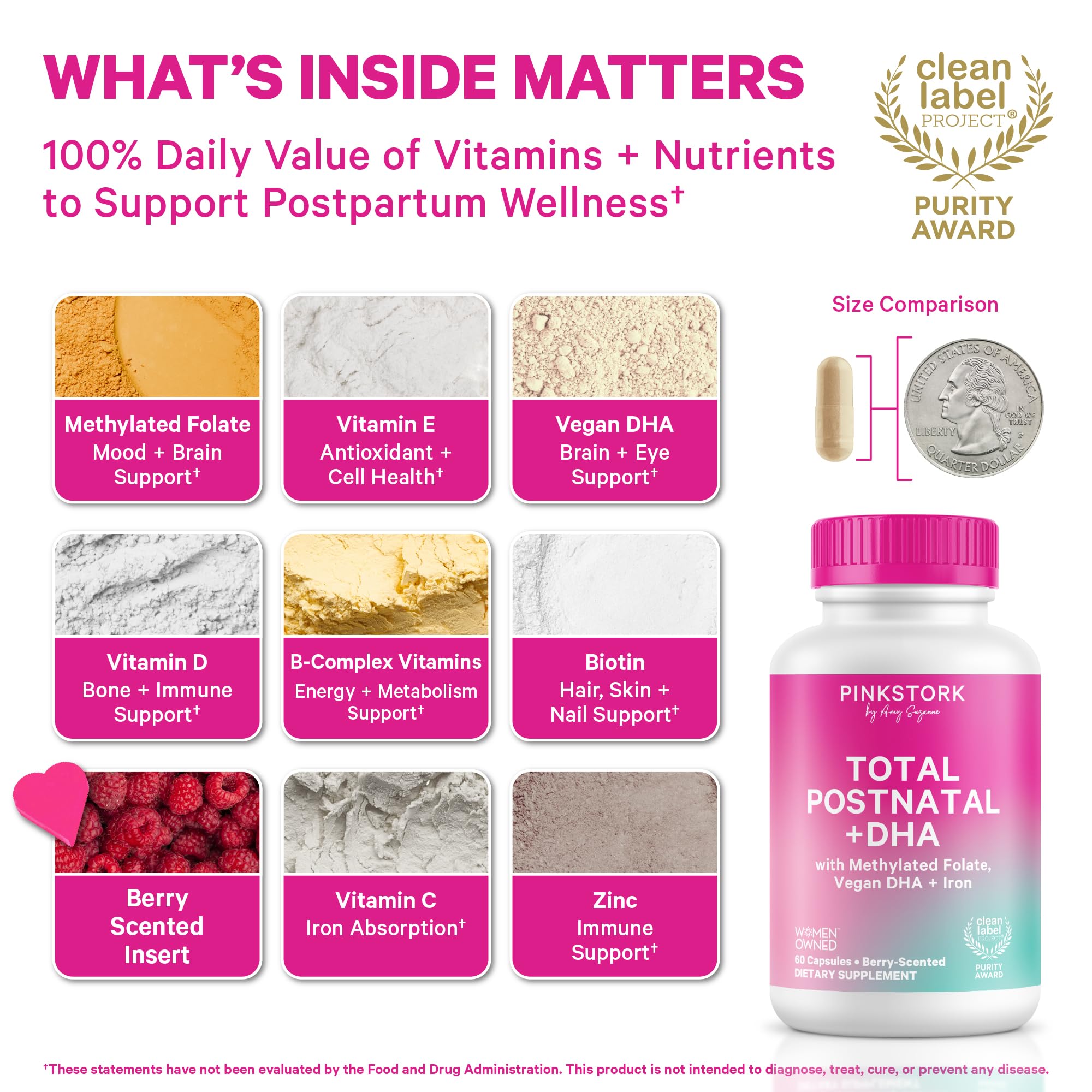 Pink Stork Total Postnatal Vitamins for Women | Vegan DHA, Iron, Folate, B12 | Postpartum Recovery Essentials | Lactation Support for Breastfeeding Moms | Third-Party Tested - 60 Capsules, Berry Pink Stork Au supplements