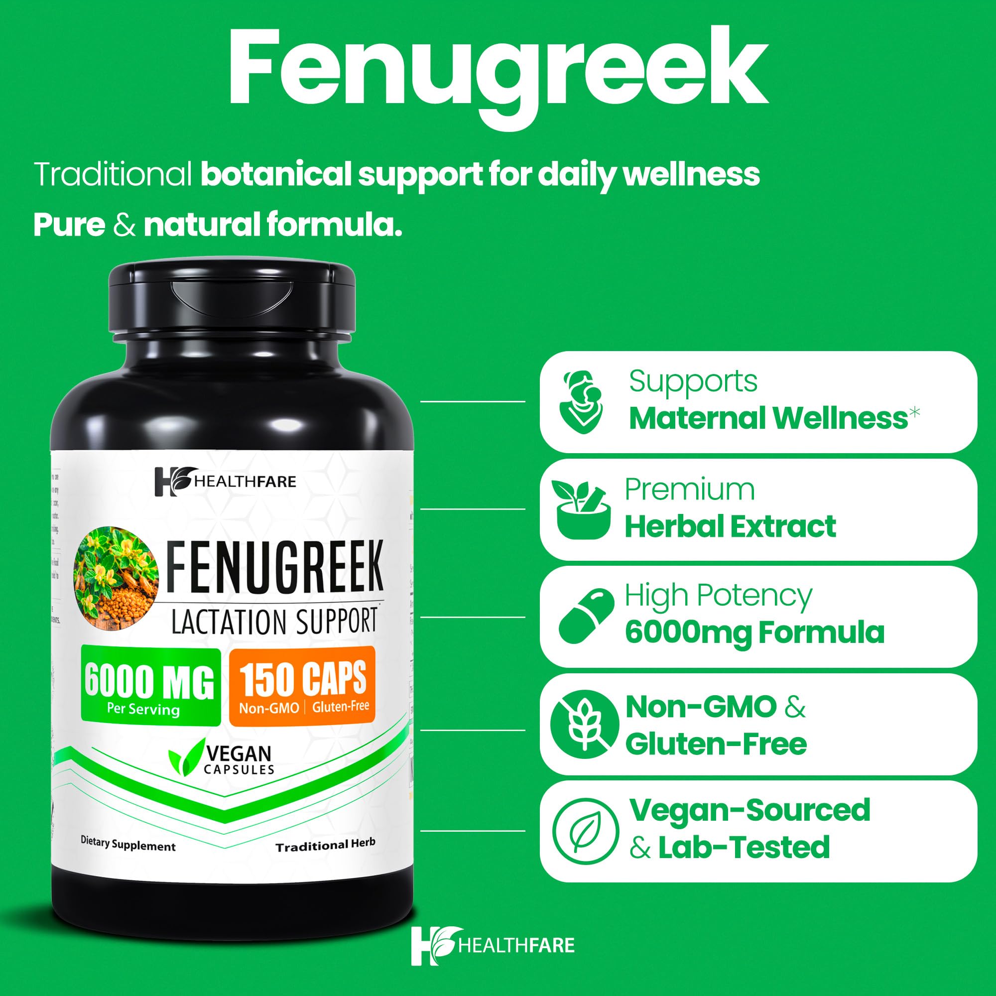 Healthfare Fenugreek Seed Extract 6000mg | 150 Vegan Capsules | Concentrated Herbal Supplement | Non-GMO, Gluten-Free | Made in USA Healthfare Au supplements