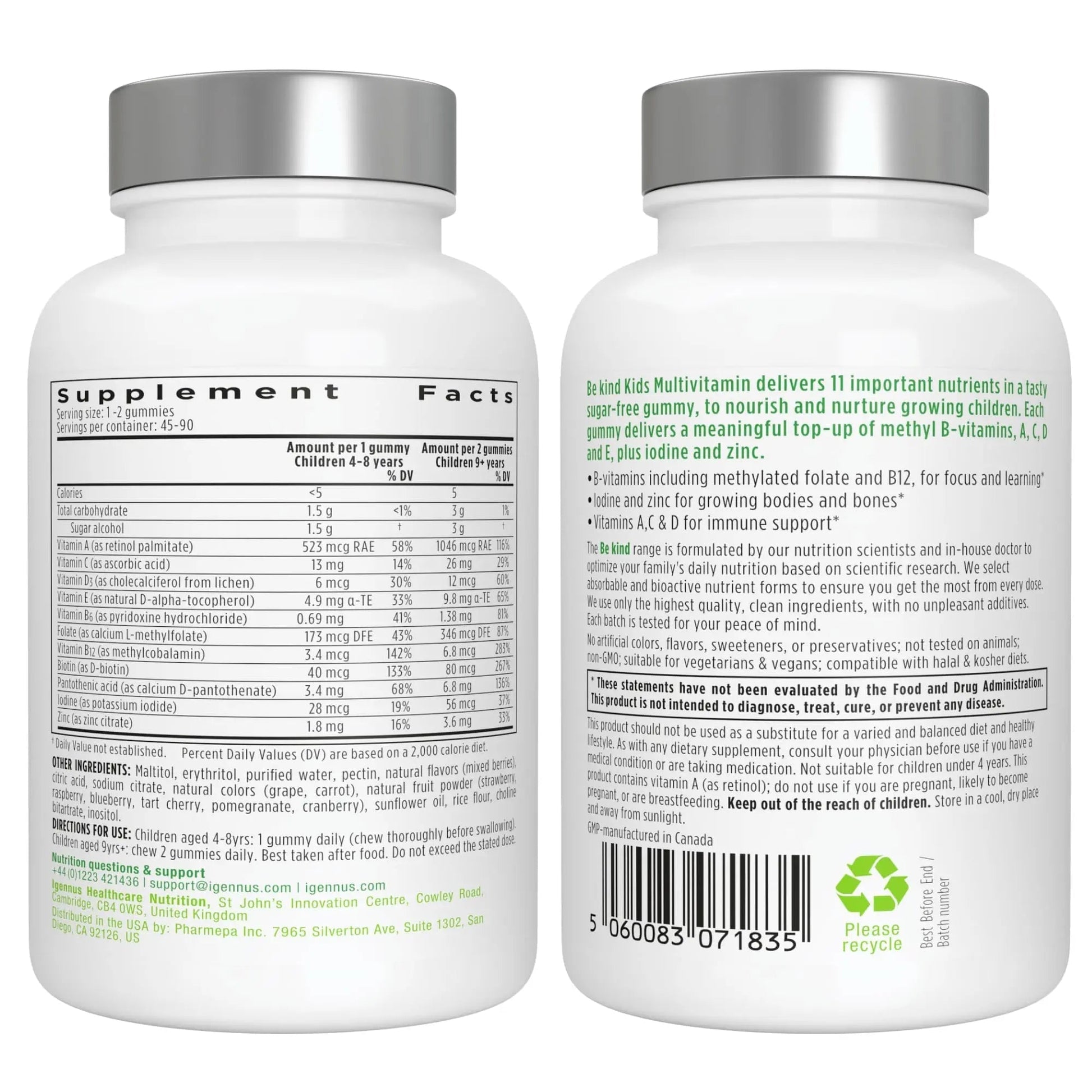 Igennus Methylated Kids Multivitamin Gummy, MTHFR, No Artificial Sweeteners or Flavors, Sugar Free, Age 4+, 90 Natural Berry Flavor Gummies Igennus Healthcare Nutrition Au supplements