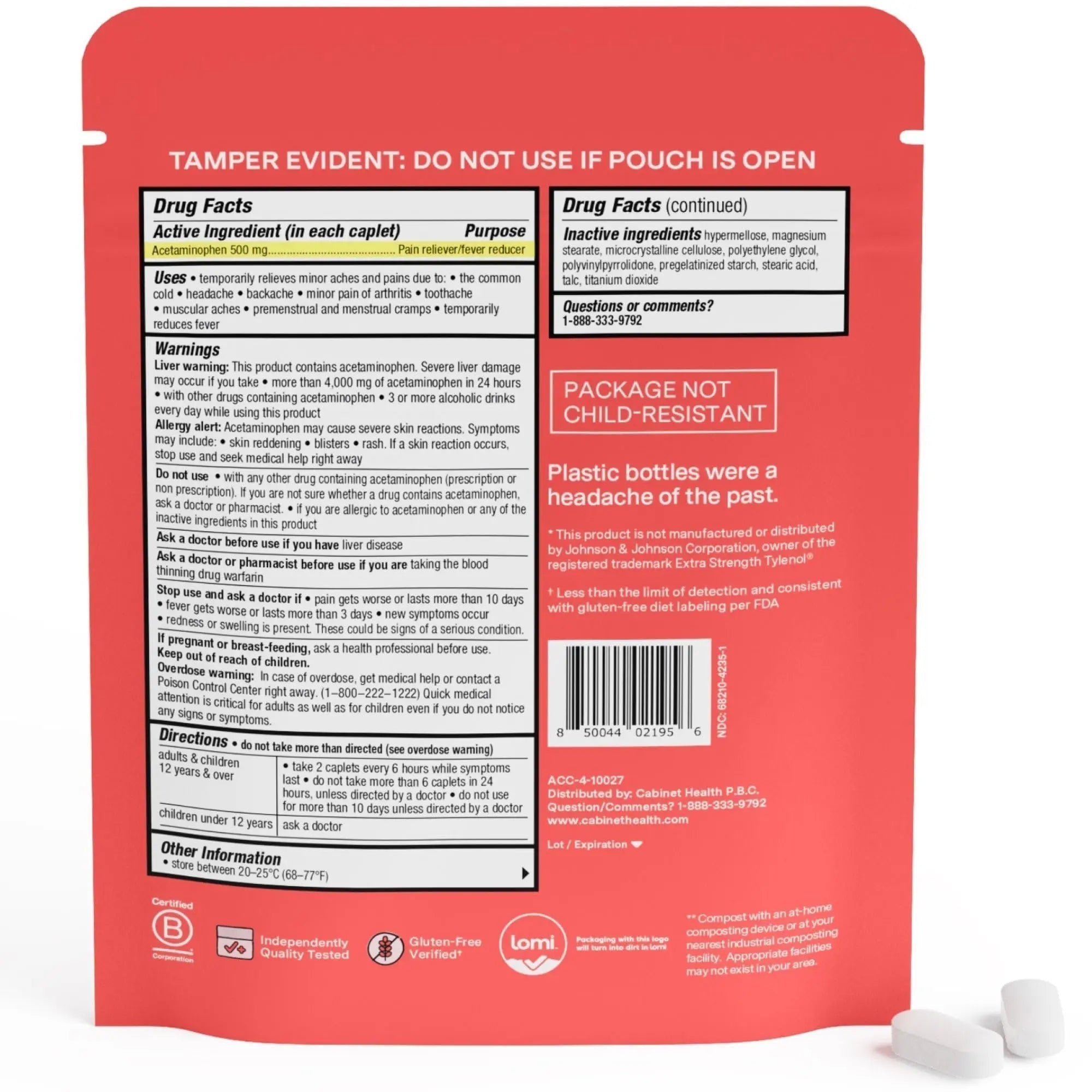Cabinet: 500mg Acetaminophen for Headache Relief, Toothaches, Sore Throat, and Fever Reducer, 120 Tablets (Refill Pouch) Cabinet: Au supplements