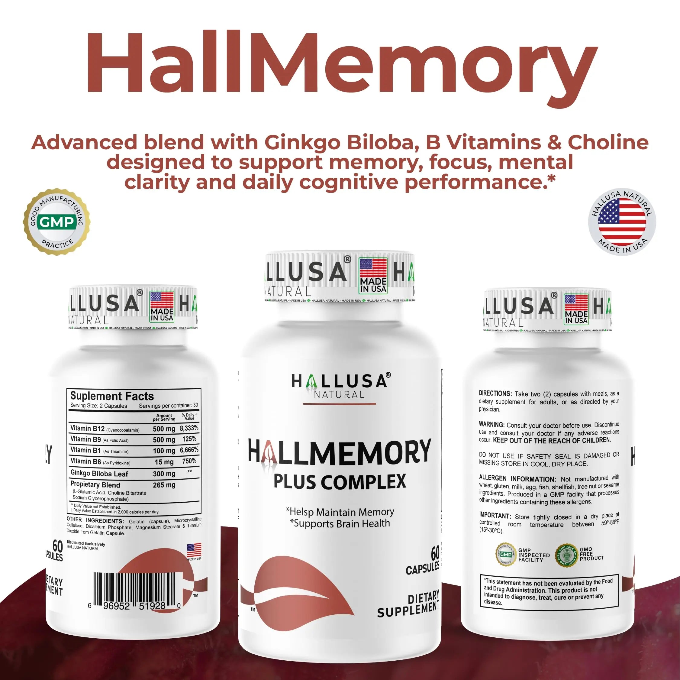 Hallusa Natural Brain Health Supplement Capsules 1680mg, Ginkgo Biloba, B Vitamins & Choline, Memory & Focus Support, Brain Booster for Men & Women, 60 Count Hallusa Natural Au supplements