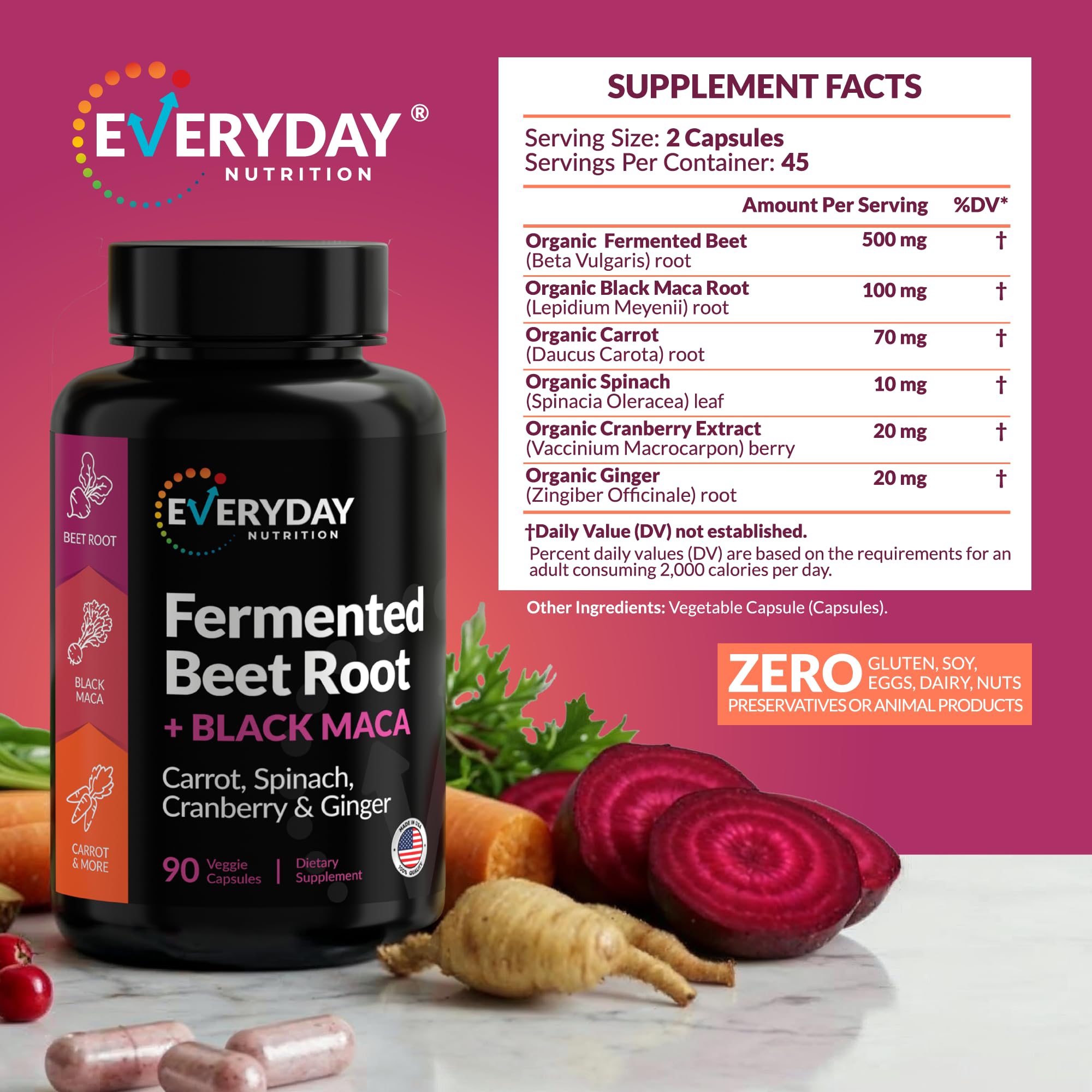 EVERYDAY NUTRITION Organic Fermented Beet Root & Black Maca Capsules with Carrot, Spinach, Cranberry & Ginger | Superfood for Energy, Stamina & Wellness | 90 Veggie Capsules | Made in USA EVERYDAY NUTRITION Au supplements