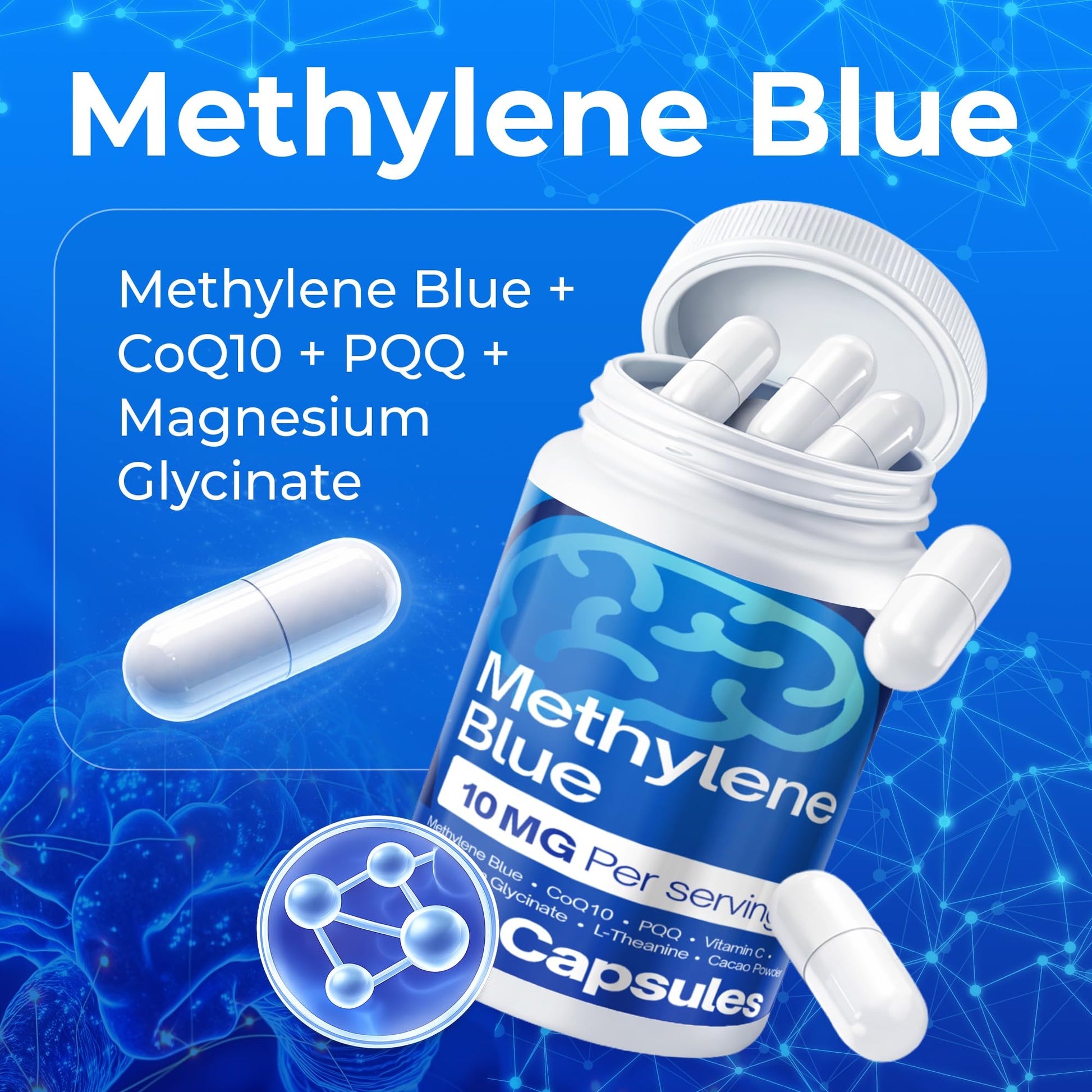 FitVitality Methylene Blue Capsules – Formulate CoQ10, PQQ, Vitamin C, L-Theanine, Cacao – 120 Vegan Capsules per Bottle – No Flavor, Easy Daily Use FitVitality Au supplements