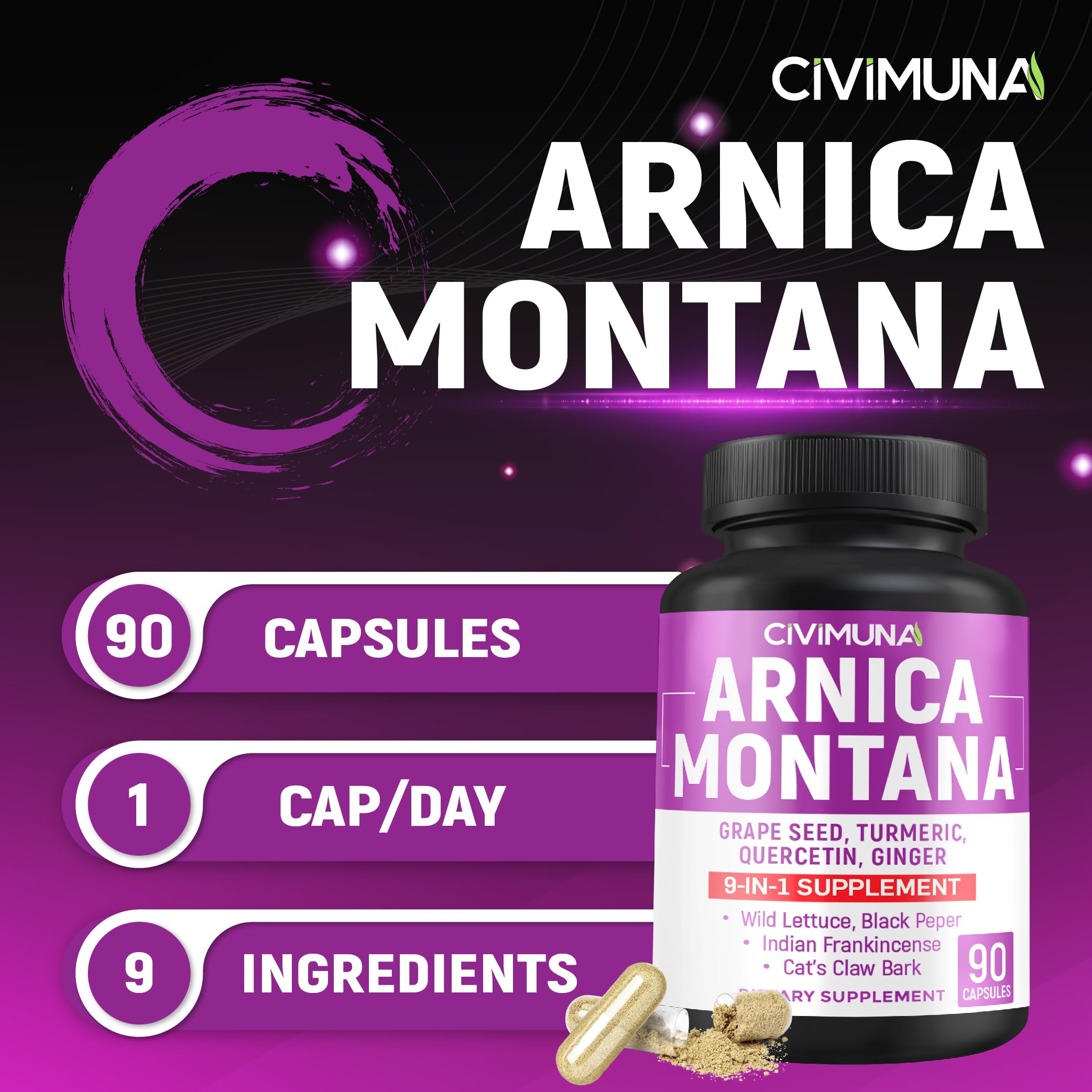 Arnica Capsules with Arnica, Grape Seed, Turmeric and More - 90 Capsules for 3 Months Supply CIVIMUNA Au supplements
