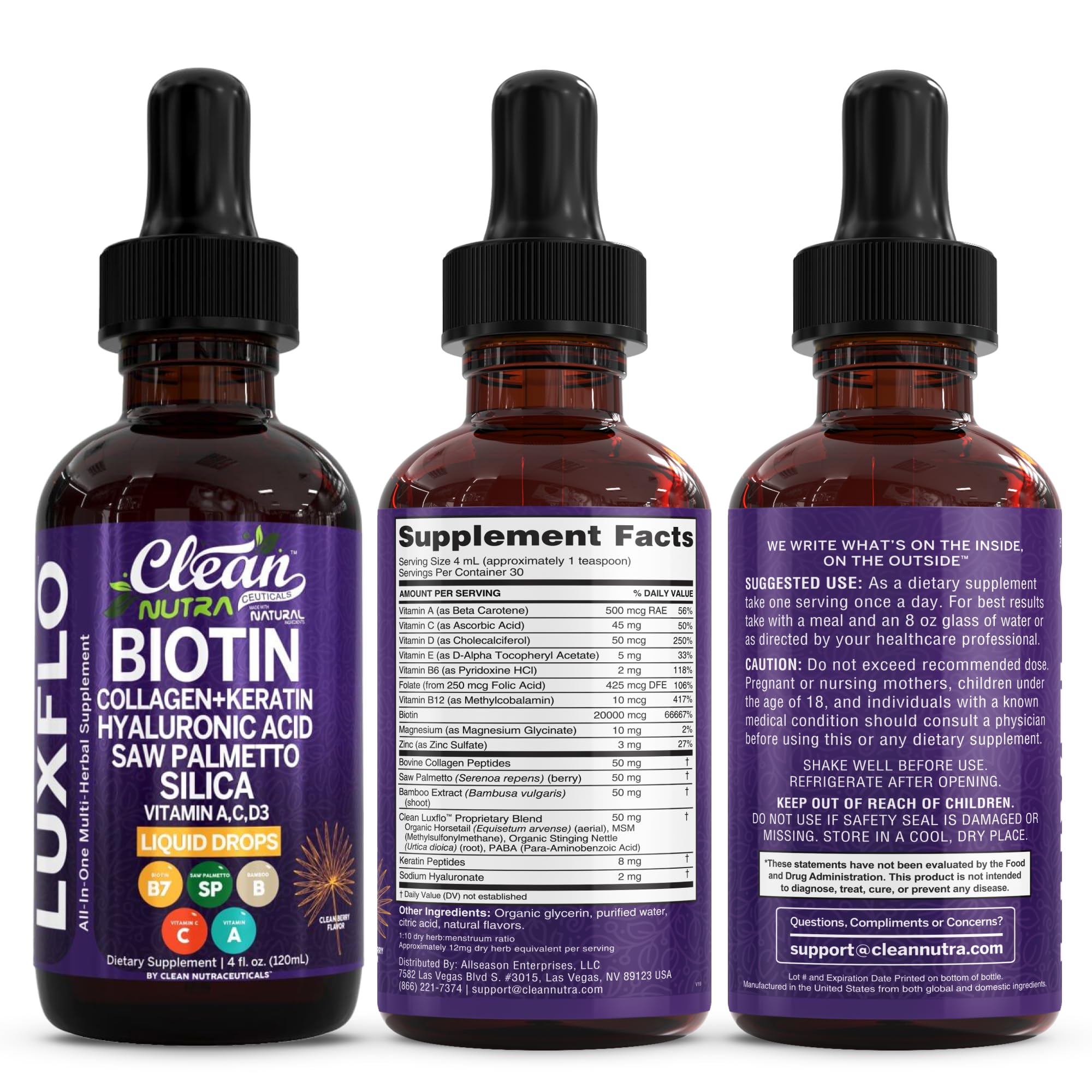 Liquid Biotin & Collagen Keratin Hyaluronic Acid Saw Palmetto Drops Vitamins for Hair Growth Support Silica Vitamin A C D Bamboo Turmeric Zinc Folate Magnesium Horsetail LuxFlo By Clean Nutra Clean Nutraceuticals Au supplements
