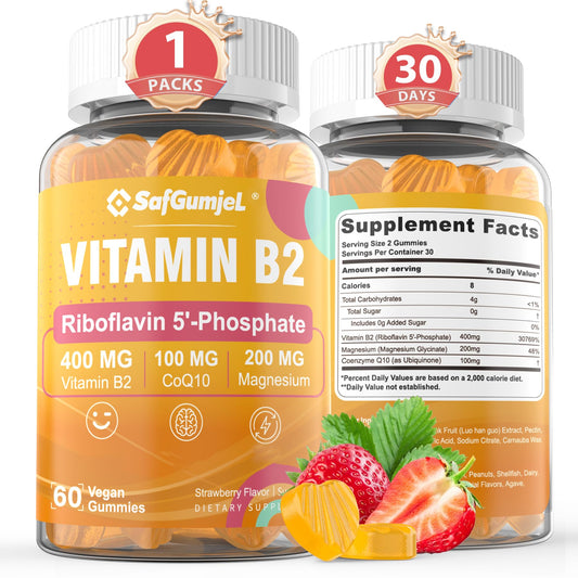Safgumjel Vitamin B2 Gummies | Riboflavin 400mg with Magnesium & CoQ10 for Migraine Relief & Headache Relief | Sugar Free, Vegan, Strawberry Flavor, 60 Count SafgumjelUS supplements