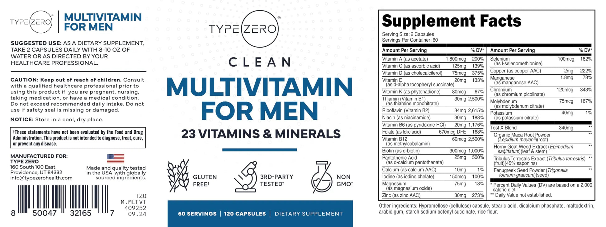 Type Zero Multivitamin Capsules for Men (120 Capsules) (1200 mg) - Gluten-Free, 60 Servings Type Zero Au supplements