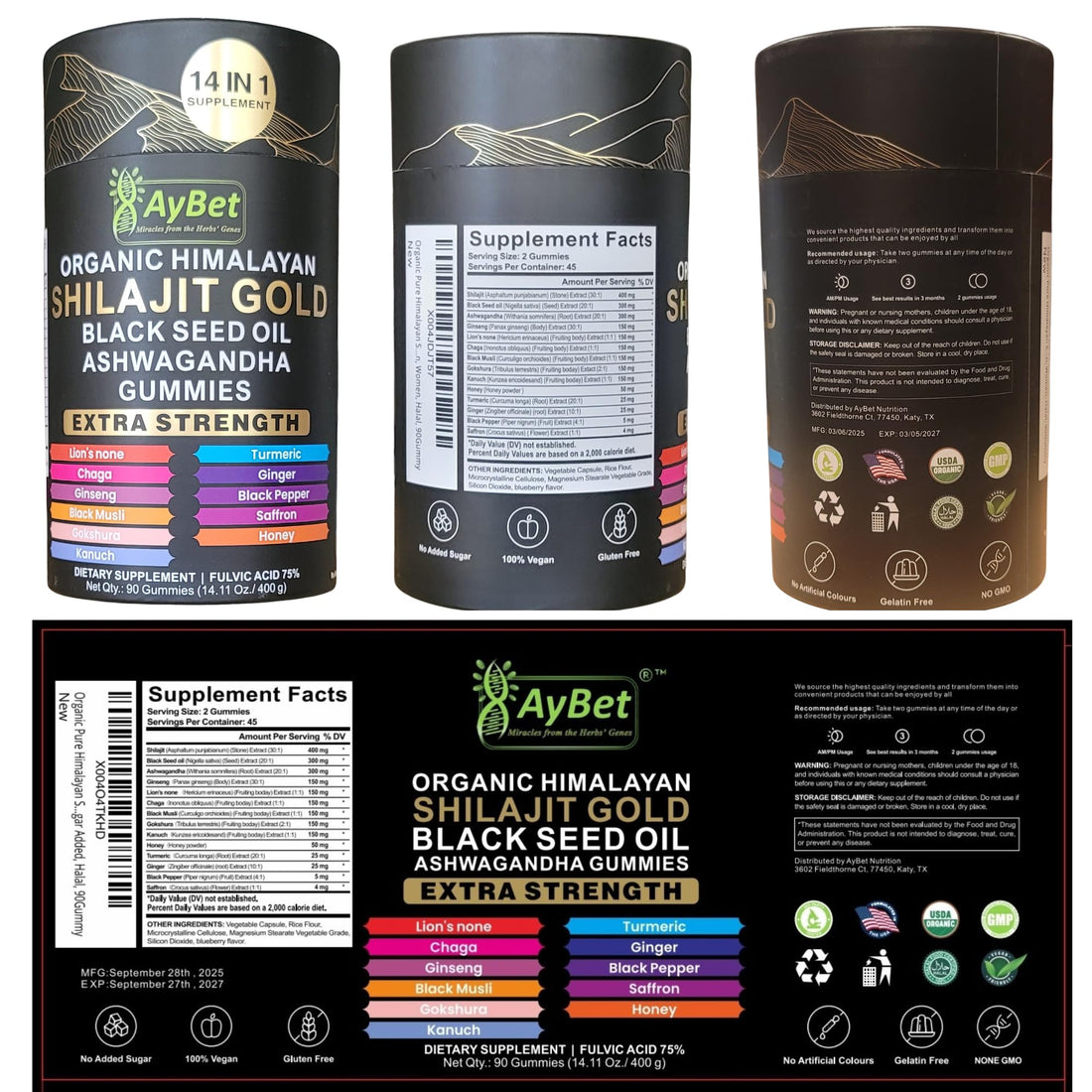 AyBet Organic Himalayan Shilajit Gold Gummies for Men and Women, Black Seed Oil, Ashwagandha, Ginseng, Turmeric, Gokshura, Lion's None, Lab Tested,%75 Fulvic Acid, No Sugar Added, Halal, 90Gummy AyBet uk supplements