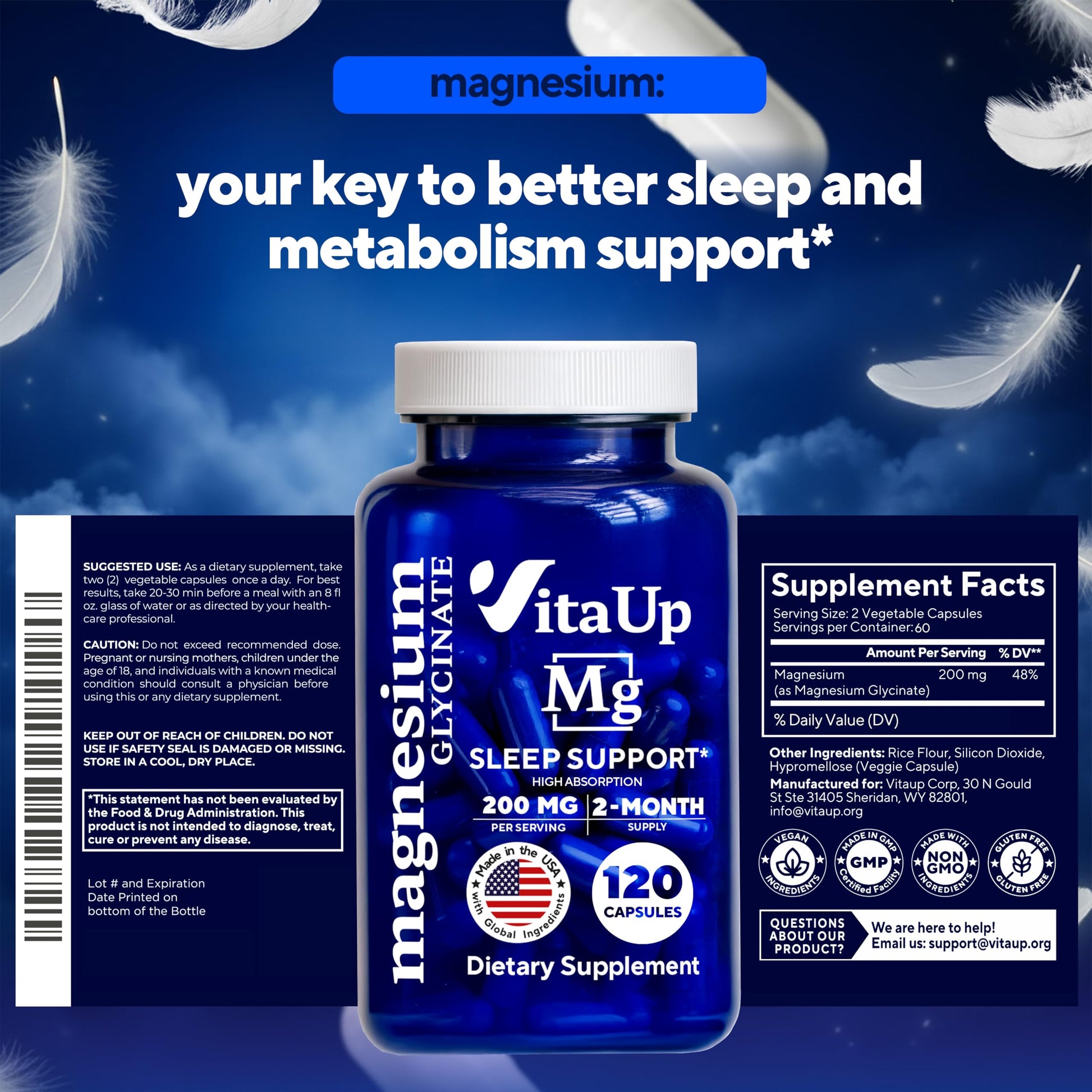 VitaUp Magnesium Glycinate 200mg - USA Made, Highly Absorbed, Non-GMO Magnesium for Relaxation, Deep Sleep, Bones & Heart - 200mg per Serving, 120 Vegan Capsules VitaUp Au supplements