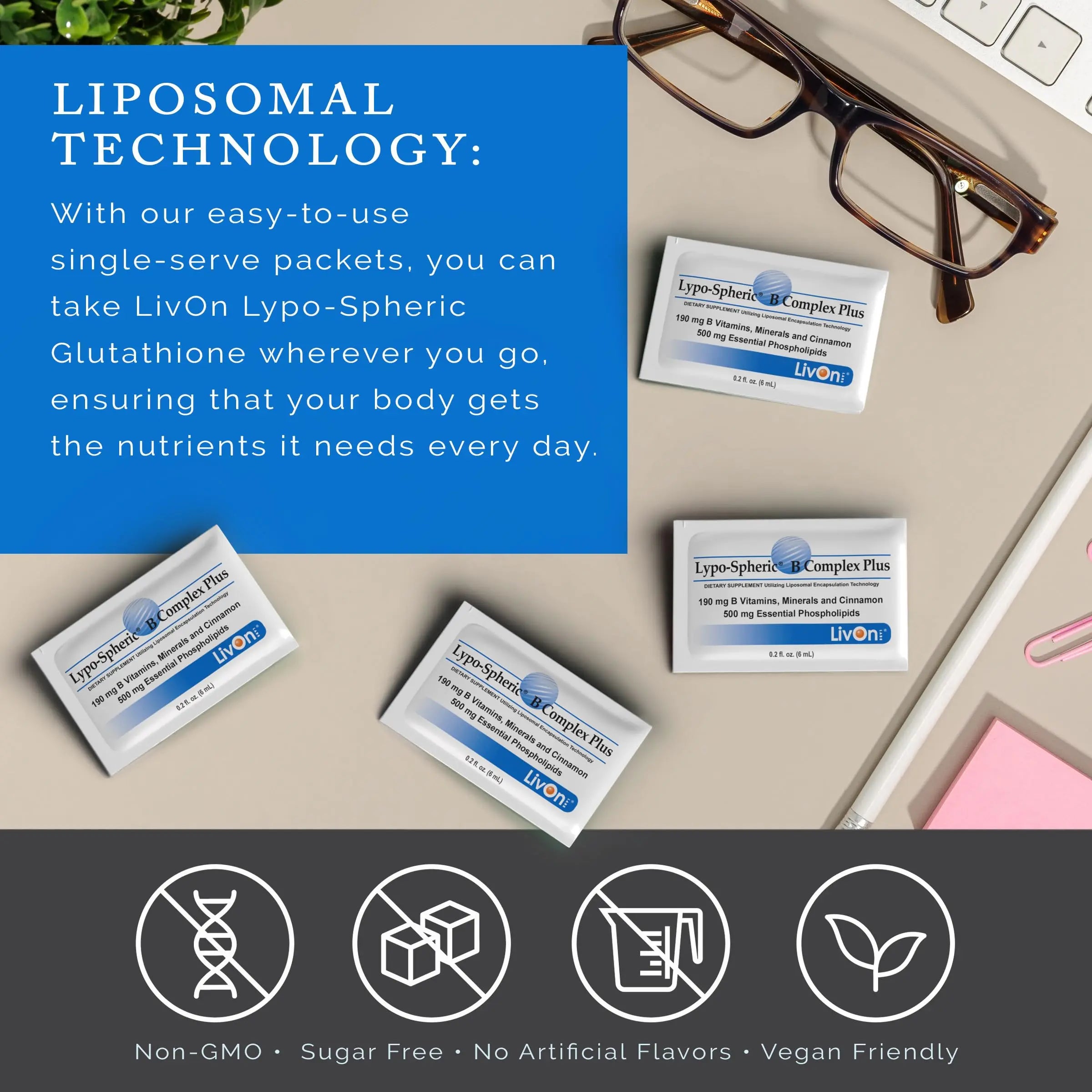 LivOn Laboratories Lypo–Spheric B Complex Plus – 30 Packets – 195 mg B Vitamins, Minerals & Cinnamon Per Packet – Liposome Encapsulated for Improved Absorption – 100% Non–GMO LivOn Laboratories Au supplements