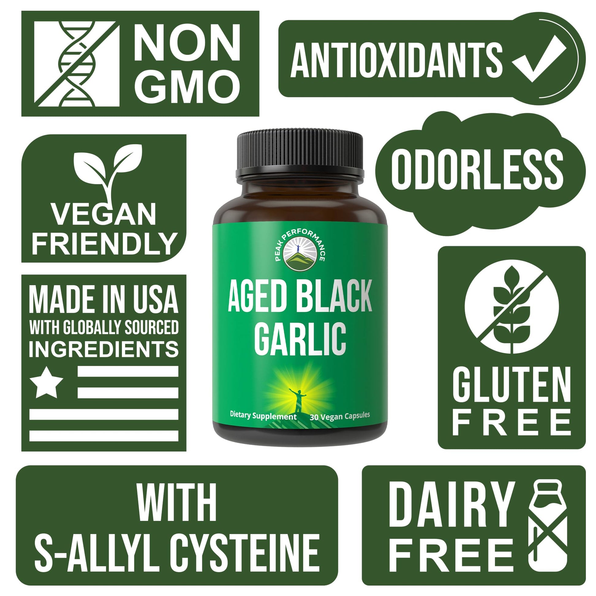 Peak Performance Aged Black Garlic Capsules. Raw Vegan Pure Odorless Extract Supplement Pills for Cholesterol, and Immune Support. from Garlic Bulb with S-Allyl Cysteine and Antioxidants Peak Performance Au supplements