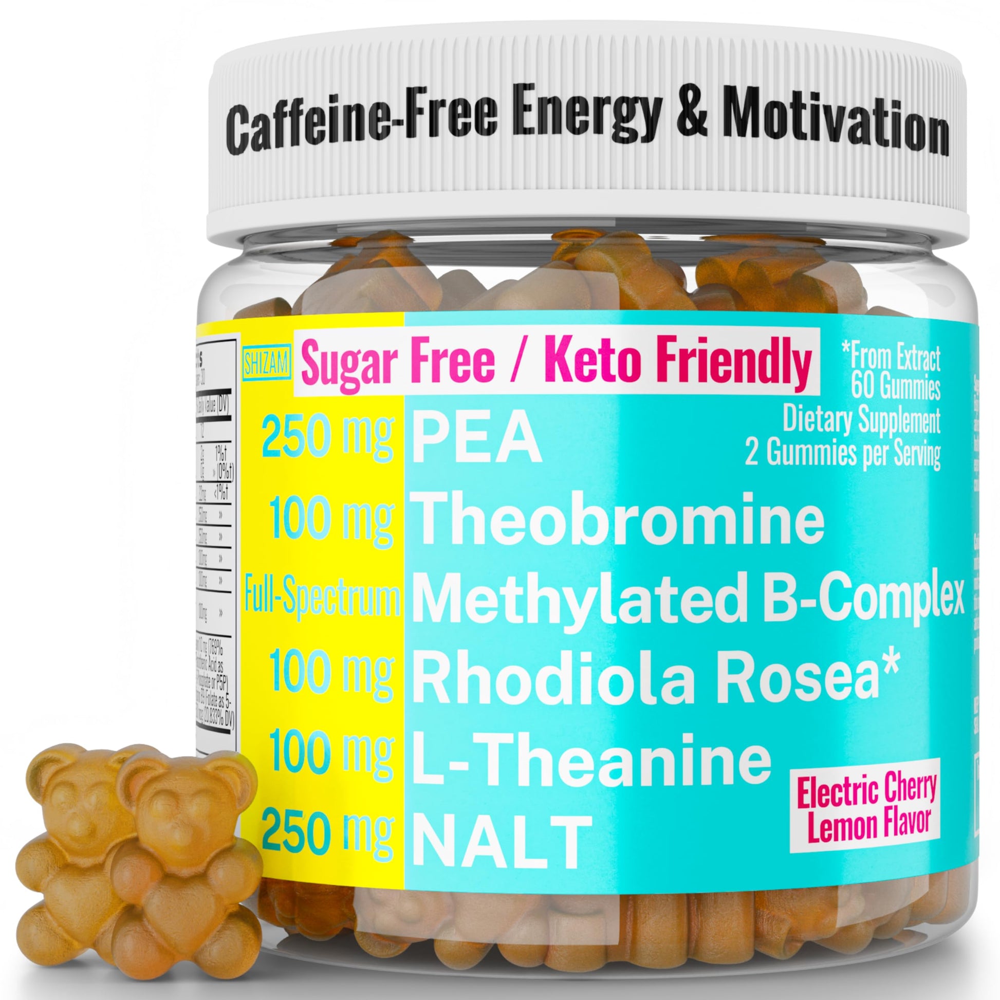 Rhodiola Rosea NALT N-Acetyl-L-Tyrosine Methylated Vitamin B Complex L-Theanine Gummies w P5P B6 5-MTHF B9 Folate Methyl B12 Methylcobalamin B3 Niacinamide, Supplement Powder Capsule Pill Supplements SHIZAM Au supplements