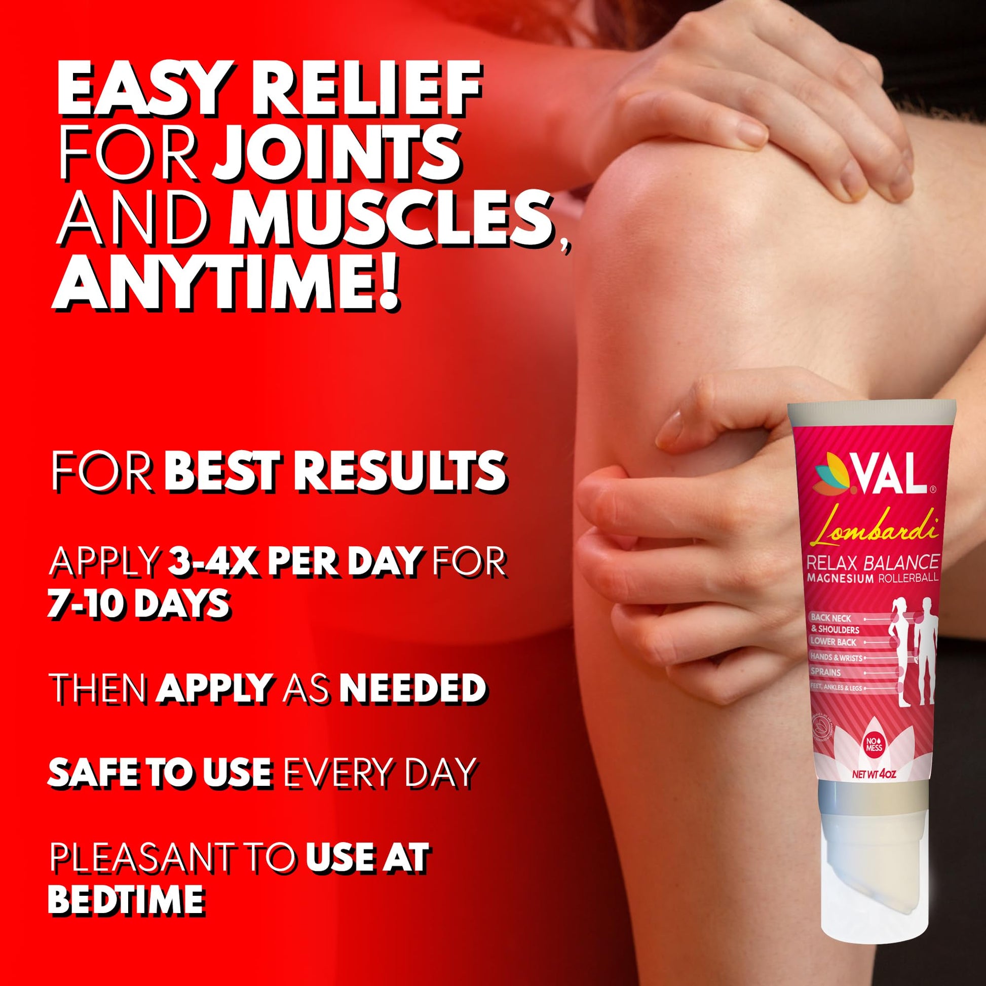 VAL Lombardi Relax Balance Magnesium Rollerball | Zechstein Magnesium + Herbal Extracts | Joint & Muscle Relief for Neck, Back, Legs | No Mess, Non-Greasy | 4oz VAL Au supplements