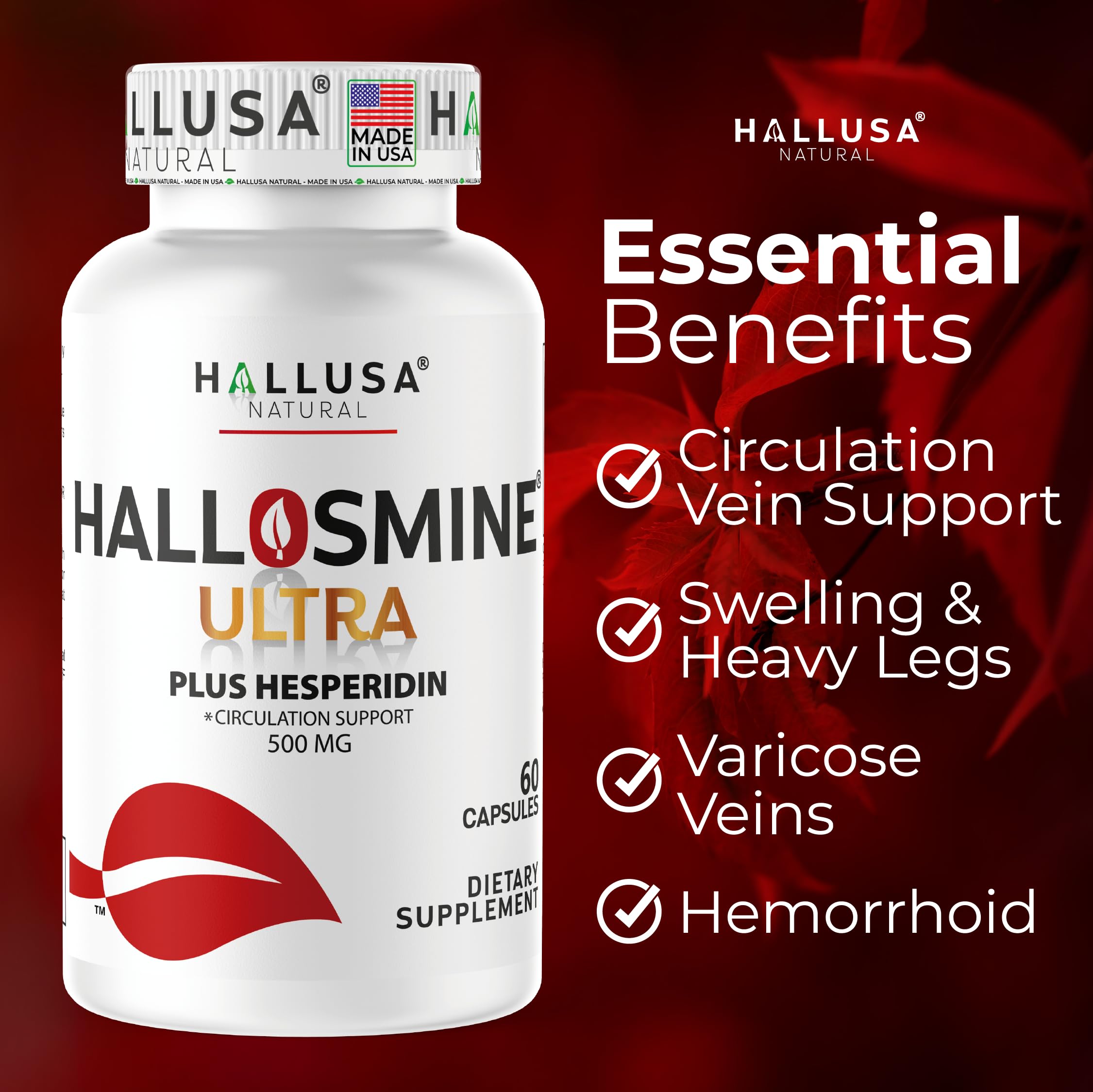 Hallosmine Ultra 650mg Diosmin Hesperidin, 60 Capsules + FREE Leg Cream with Diosmin, Hesperidin & Horse Chestnut, 4 oz | Blood Circulation & Vein Support Supplement, GMO Free, Gluten Free Hallusa Natural Au supplements