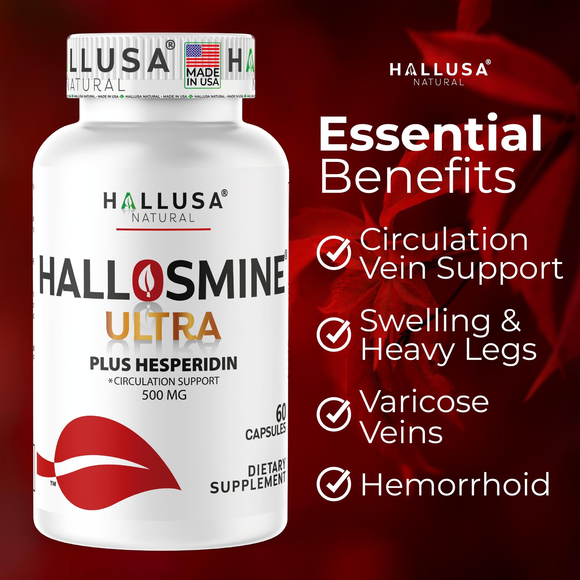 Hallusa Natural Hallosmine Ultra Diosmin 500mg & Hesperidin 150mg – Heavy Legs, Swelling & Vein - Blood Circulation Supplements, 60 Caps Hallusa Natural Au supplements